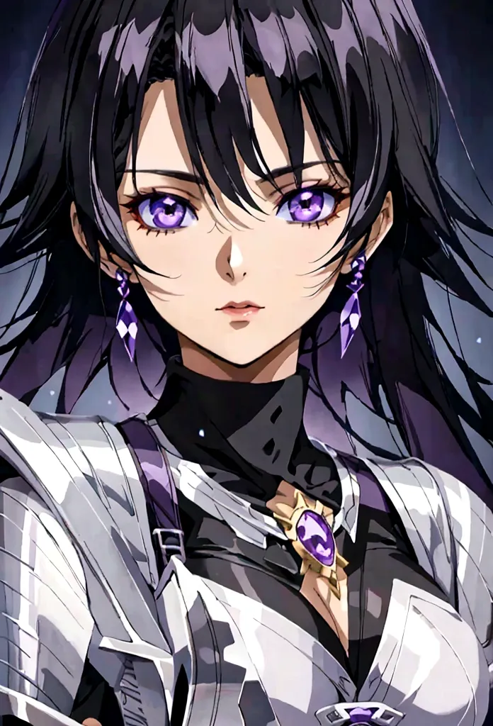 a woman with black hair and white streaks holding a large purple sword, detailed eyes, fantasy portrait, highly detailed, digita...
