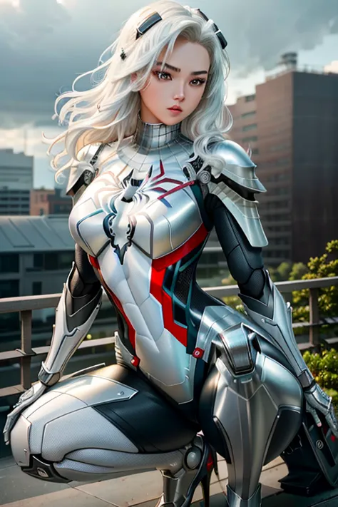 RAW photo, photo-realistic, ((Roseann Park)) as Spider Gwen, (((robotic armor suit, articulated armor suit, metallic armor suit)...