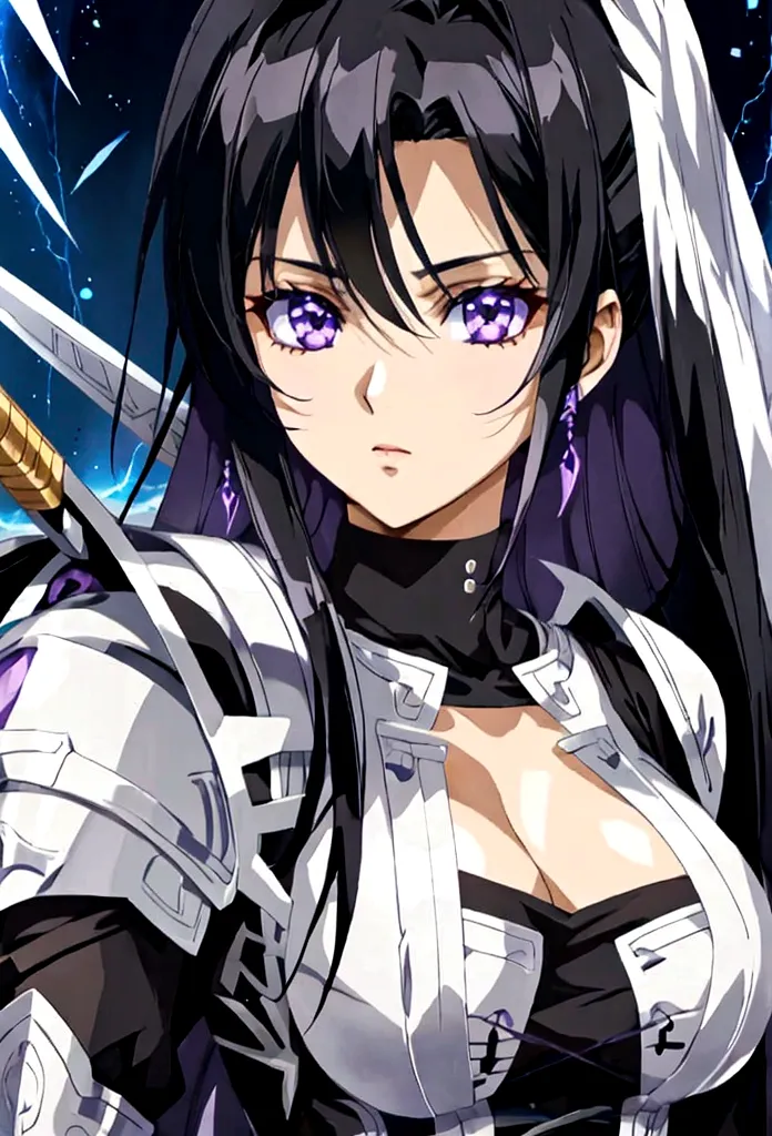 a woman with black hair and white streaks holding a large purple sword, detailed eyes, detailed sword,  cinematic lightning