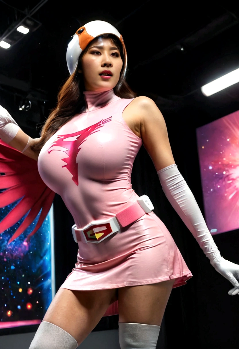 A girl in pink Gatchaman costume, miniskirt, long boots, long gloves, standing, one leg up, detailed face, H3JTS, giga_busty, best quality, 4k, 8k, highres, masterpiece:1.2, ultra-detailed, realistic, photorealistic, photo-realistic:1.37, HDR, UHD, studio lighting, ultra-fine painting, sharp focus, physically-based rendering, extreme detail description, professional, vivid colors, bokeh, concept art, dildointhong, from below