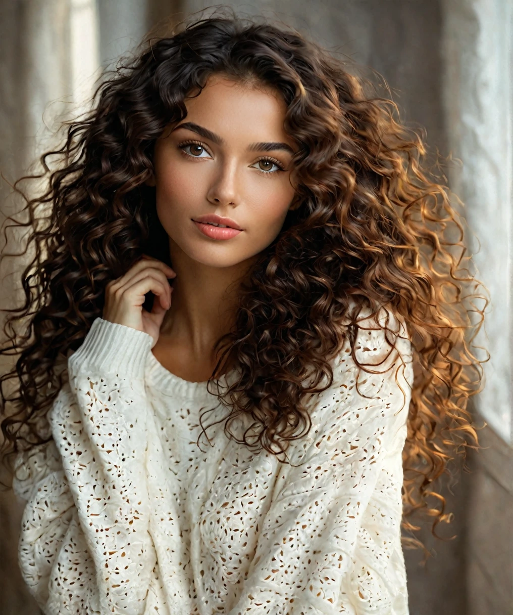 (fermer:1.3) photo de belle dame brune dans un soutif noir, sans pul, with long curly hair, detailed skin, photo of shoulders and head, Soft light, confortable, peau mat (fermerup:1.1)