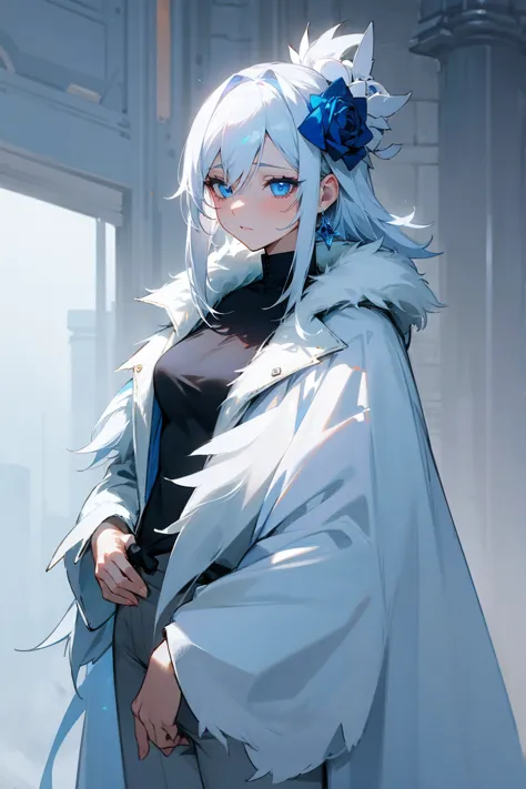 1female, white hair, blue rose hair ornament, blue eyes, cold, misty environment, tired expression, white fur coat, black unders...