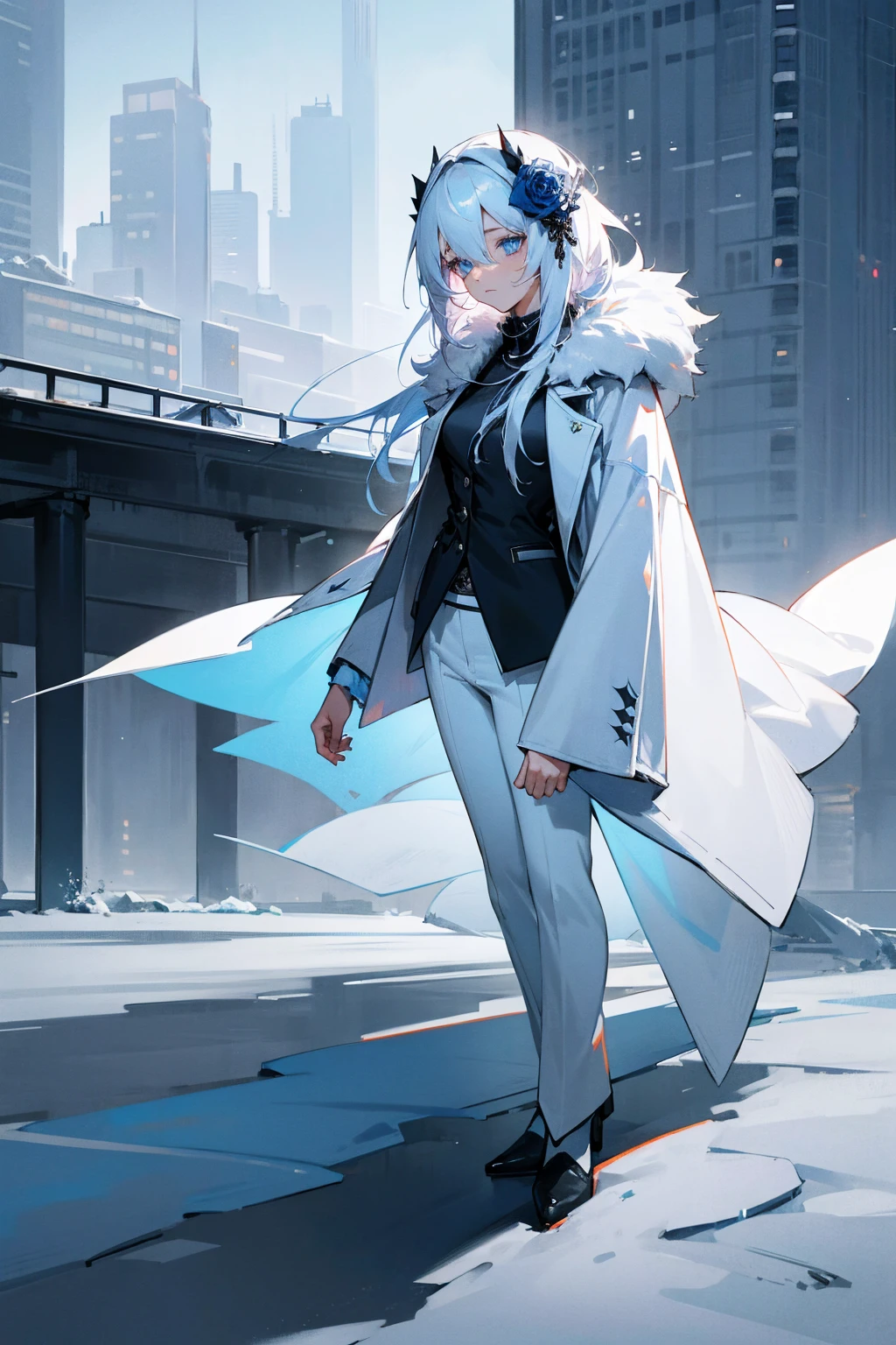 1female, white hair, blue rose hair ornament, blue eyes, cold, misty environment, tired expression, white fur coat, black undershirt, white pants, city background, detailed background, hands to side, standing on path