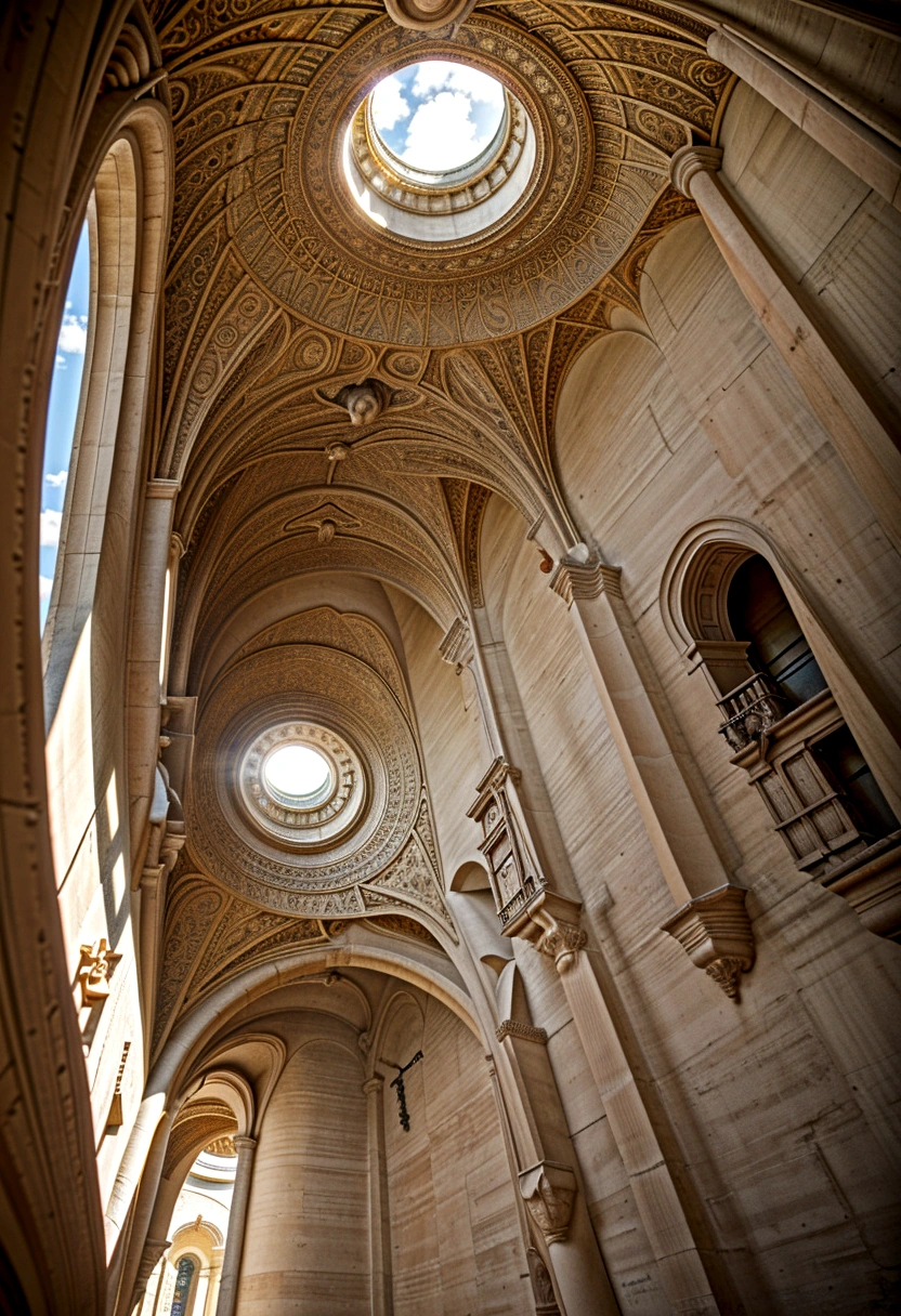 Create an RPG scene in a spacious, cylindrical-shaped underground chamber. The walls are extremely high and open onto a blue sky, iluminado pelo sol. The temperature is pleasant and a gentle breeze blows through the large hole in the ceiling.. Aves fazem ninhos nas alturas das paredes, and trees and bushes grow in the cracks. On the wall opposite the entrance, there are nine rings fitted together, each with symbols that are repeated in no order. No centro da sala, there are three stone pillars with three symbols engraved on them: a scale, clasped hands and a protected tower. Sunlight illuminates the chamber and casts soft shadows, creating a serene and enigmatic atmosphere.