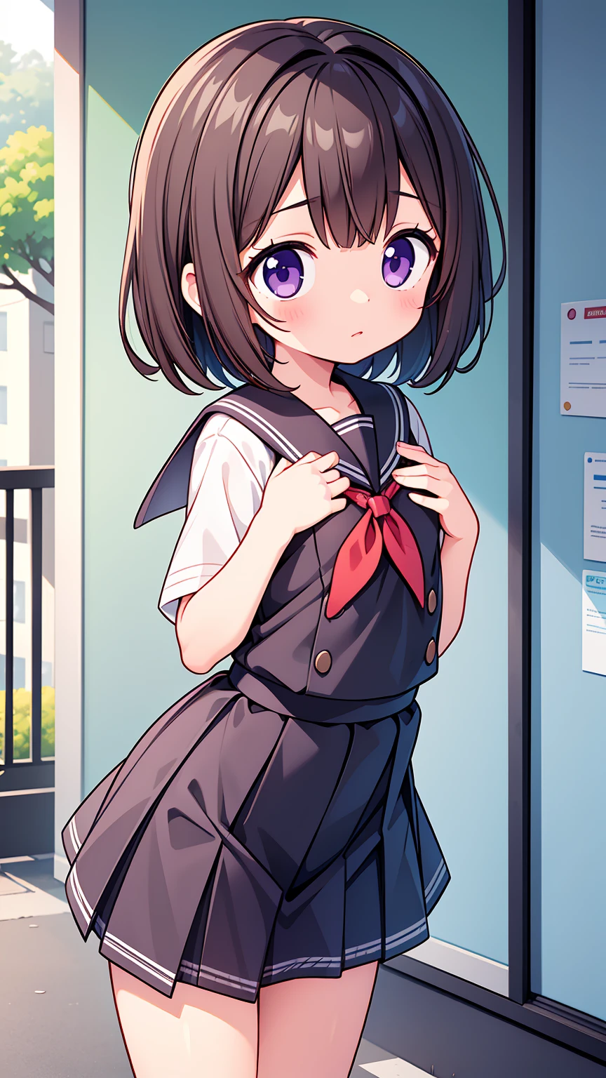 (High quality), (masterpiece), (very detailed), girl, (flat chest:1.6), short brown hair, purple eyes, shy face, primary school girl, white blouse, black skirt with pleats, (loli), showing her thighs, on the school yard, sunny, school girl, (sailor uniform), confessing his love towards the viewer, spectator looked under her, adorable eyes, (school uniform)