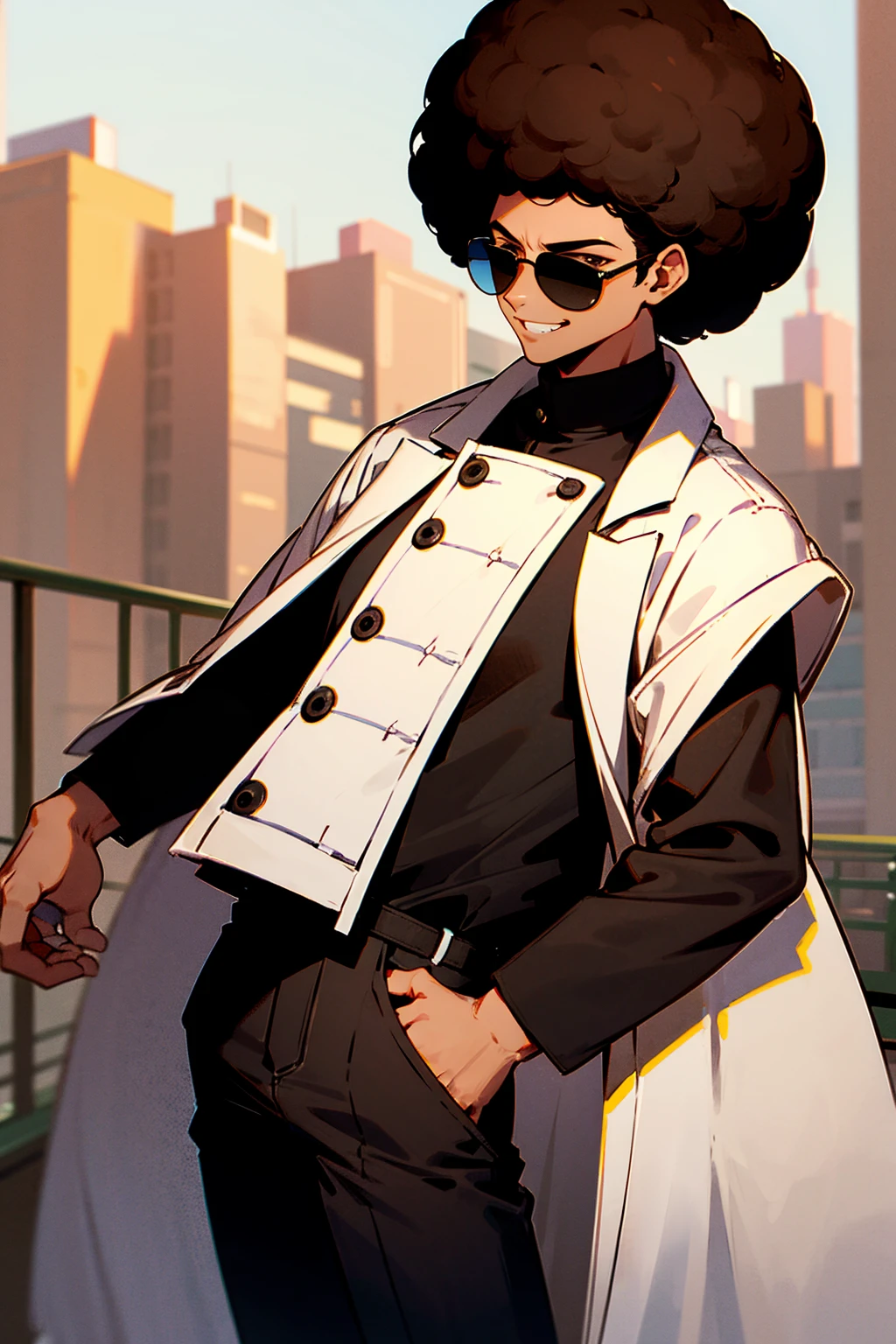 1male, dark skin, black aviators, brown hair, afro, grinning, black shirt, white puffer jacket, black pants, city background, detailed background, hands to side, standing on path