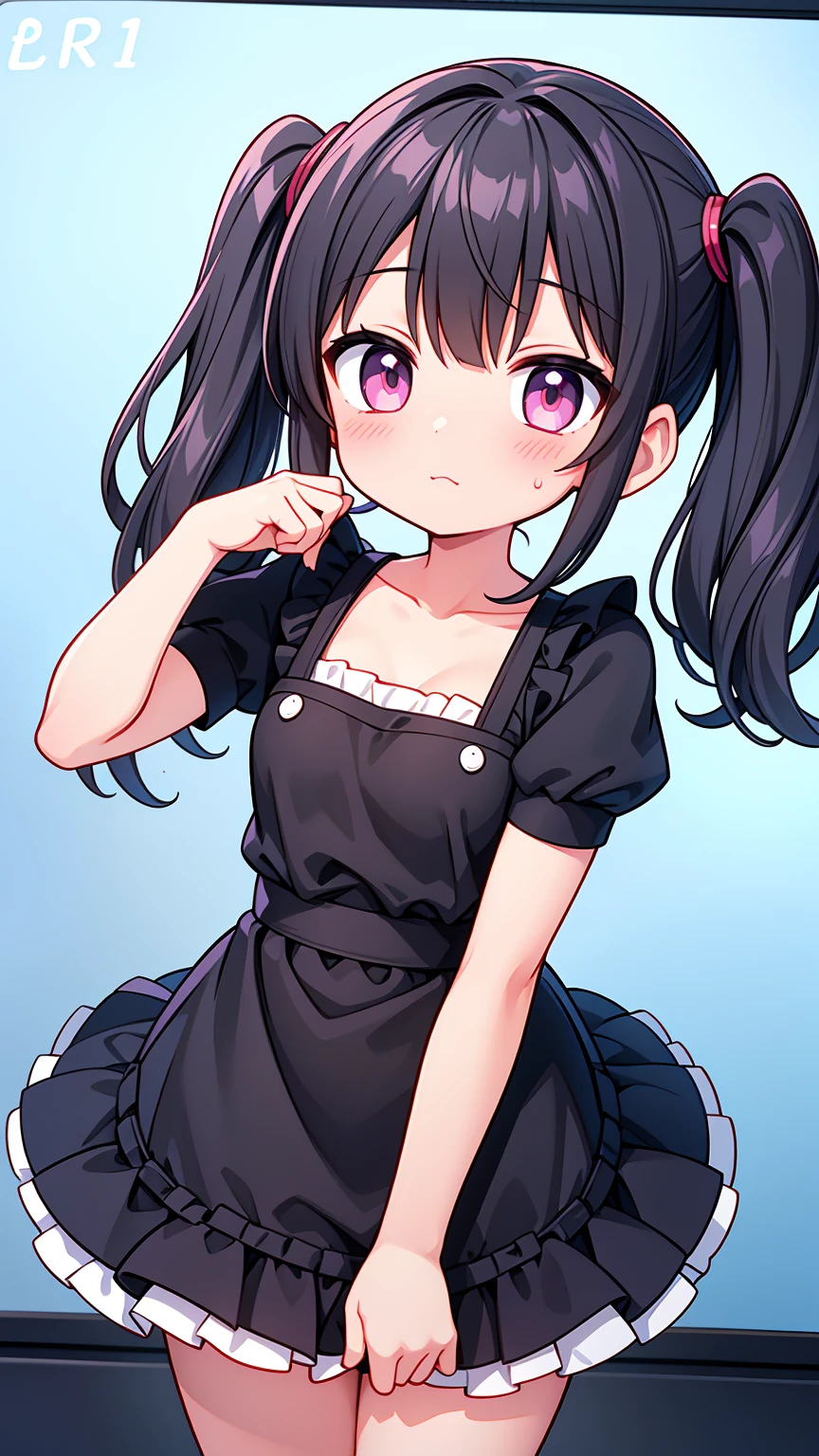 (8K, Highest image quality, highest quality, masterpiece), detailed face, ((loli girl)), (little loli curve) , black hair, short twintails, pink eyes, small breasts, naked apron, cowboy shot, put your hand on your mouth, kitchen background, ((very blushing)), ((detailed hands and fingers)), viewer perspective from below