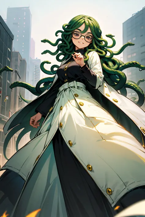 1female, green hair, snake hair, black eyes, smiling, glasses, curly hair, black clothing, white overcoat, casual clothing, city...