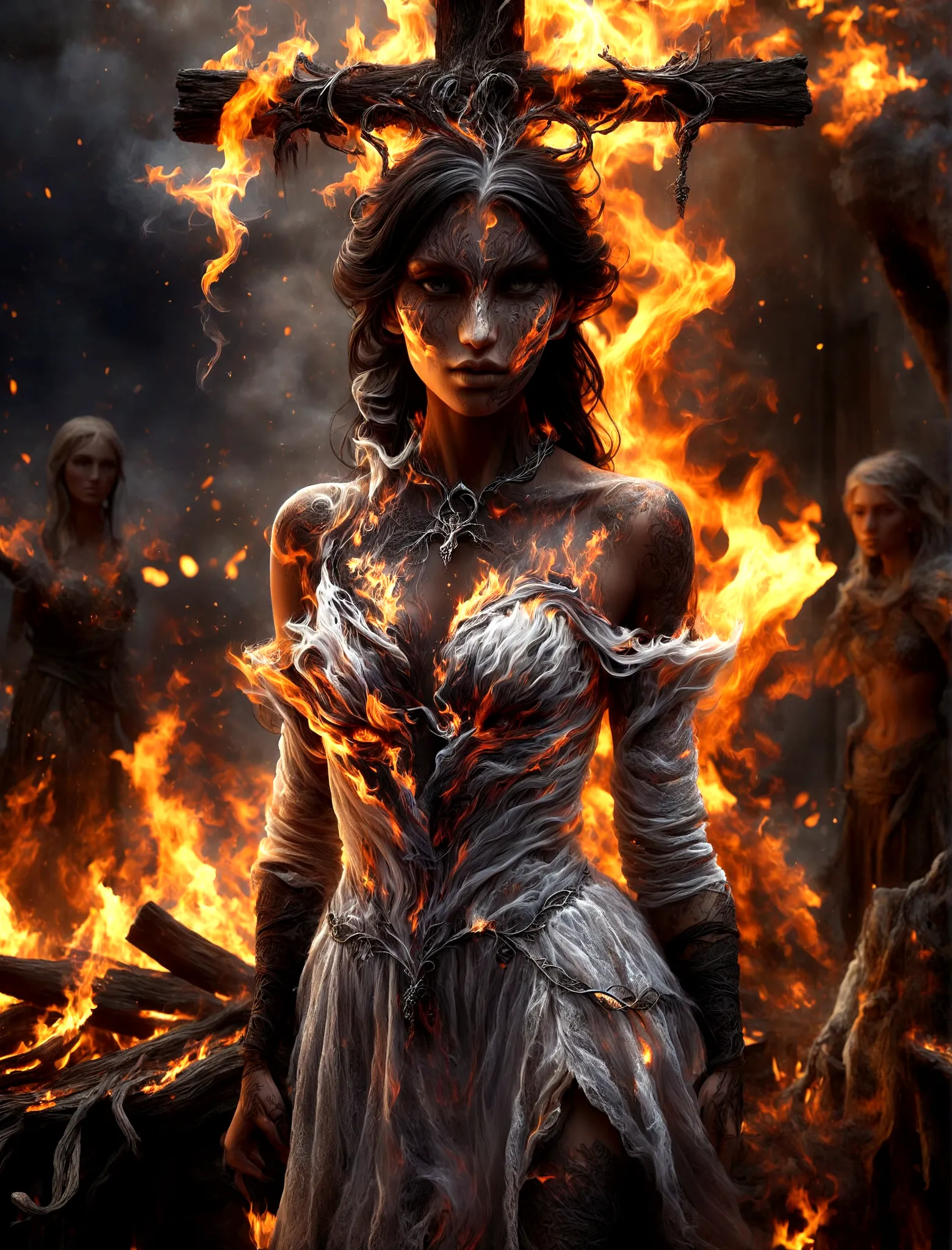 there is a woman in a dress standing in front of a fire, stefan gesell, witch burning, 4k fantasy art, fantasy woman, cgsociety ...