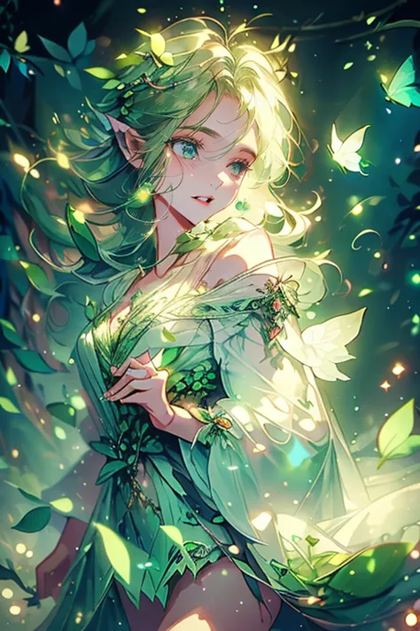 1girl,solo,cute,wizard,robe,cleavage,around leaf aura,perfect hands,perfect finger,explosionmagic, butterfly style,naturemagic