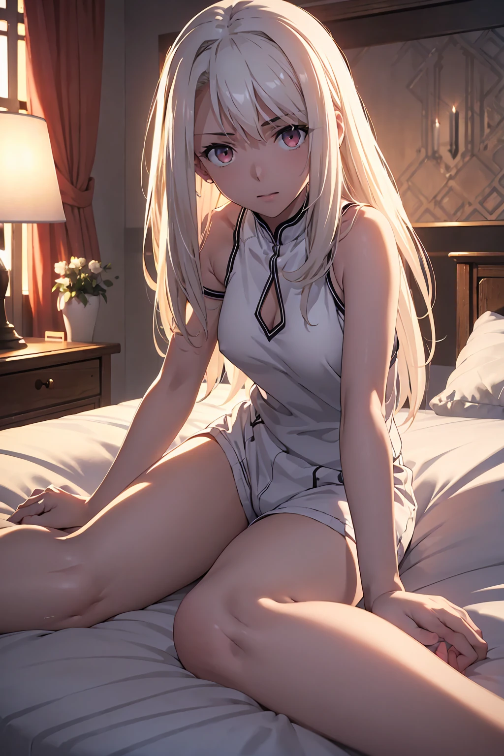 NSFW　(highest quality:1.5, High resolution, 超High resolution, 4K, Detailed lighting, Shaders)(masterpiece:1.2), Very detailed, destiny/Background of the stay, indoor, Illyasviel von Einzbern　alone, Cowboy Shot,Long Hair, Gray Hair, Red eyes, White tank top　Denim shorts　M-shaped foot　sneer　atmosphere　Beautiful night view　bedの上　 　(　masterpiece, highest quality, 1girl, (nsfw:1.0), Spread your legs, seat, Elevate your legs, nude, (Pussy Focus:1.0) Sweat, Shiny skin, Heavy breathing, ( Sex, sexual intercourse, Insert, Hetero, Motion Lines, Motion Blur, Talking Spirit:1.1), (Lying, Lying on your back, bed,Subjective:1.1)