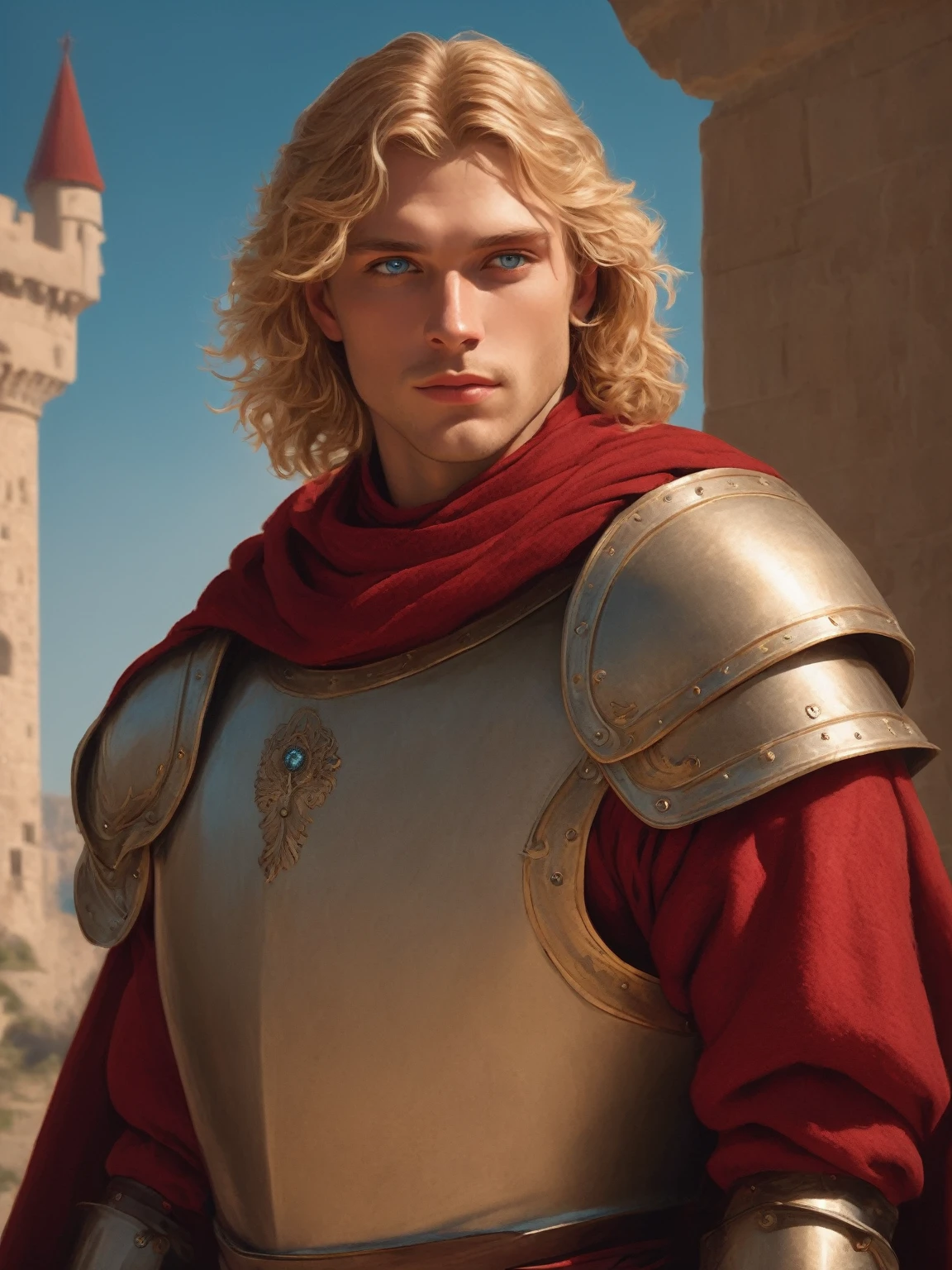 ((best quality),(masterpiece),(detailed),perfect face,a man with wavy blond hair and blue eyes,wearing red gambeson armor, castle behind,beautiful,(cinematic),(dramatic lighting),(digital painting),(sharp focus),(photorealistic),(ultra-realistic),(hyper detailed),(epic),(fantasy),(cinematic composition),(heroic pose),(dramatic), (perfect eyes)
