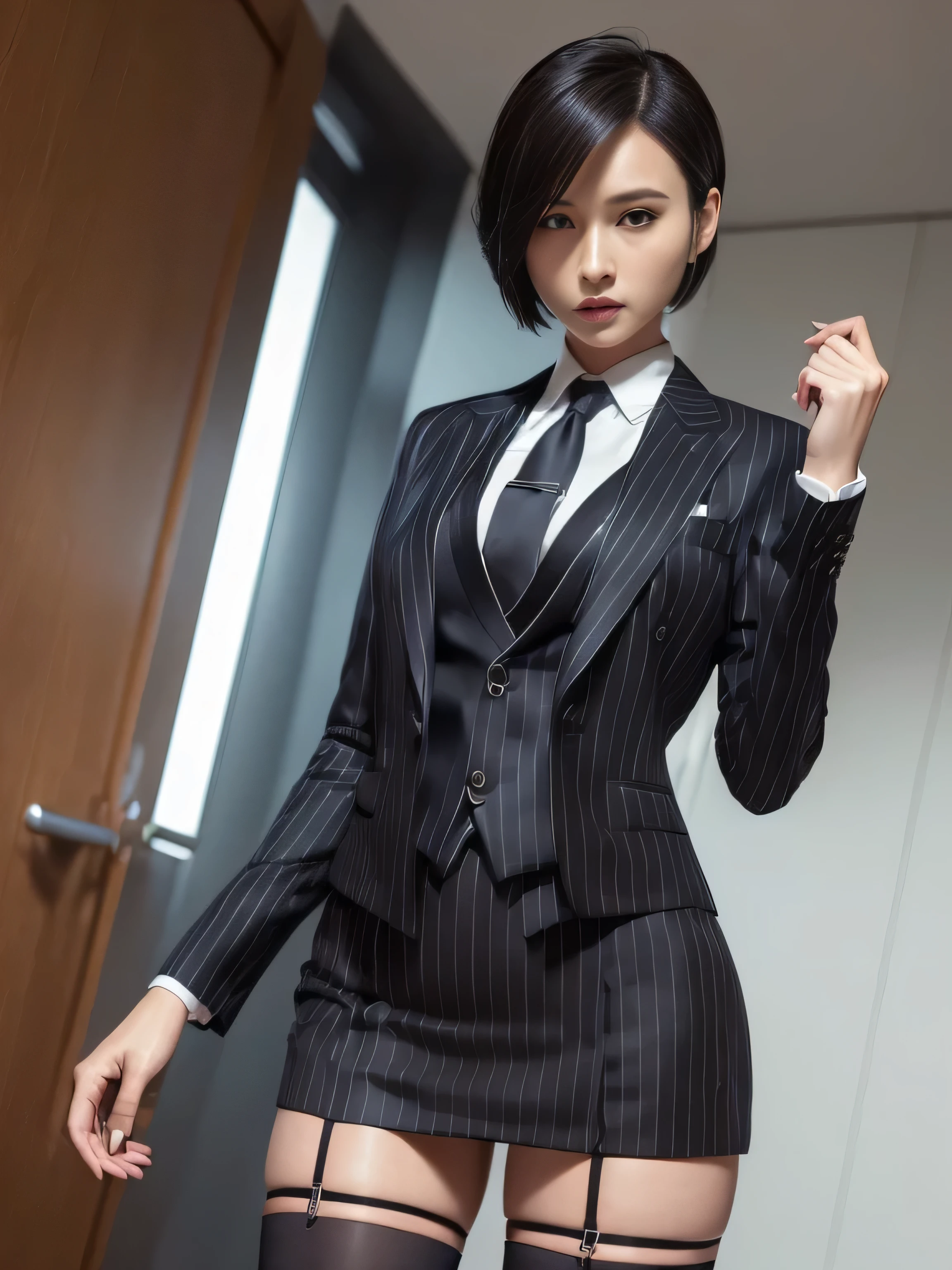 A close up of a woman in a suit and stockings posing - SeaArt AI