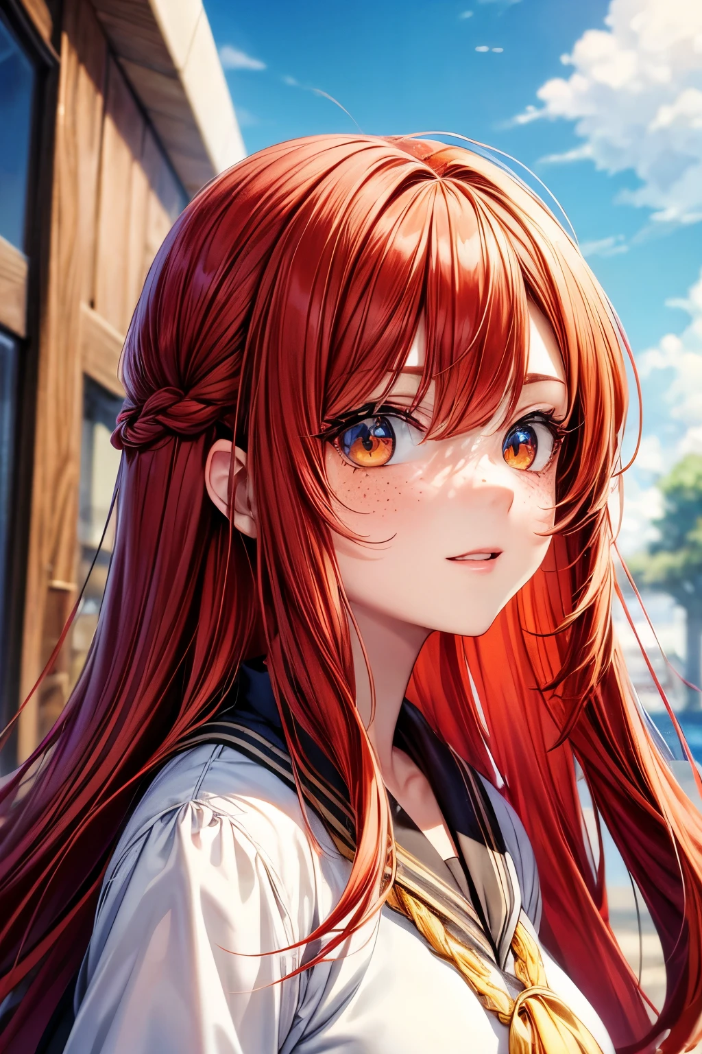 masterpiece, best quality, {best quality}, {{masterpiece}}, {highres}, focus, anime style, a closeup of a cartoon of a woman, girl design, portrait, giesha, anime image, long hair, red hair, redhead, straight eyes, polished and powerful look, exotic, tall, freckles, cheerful, casual chic clothing, colorful, colors  