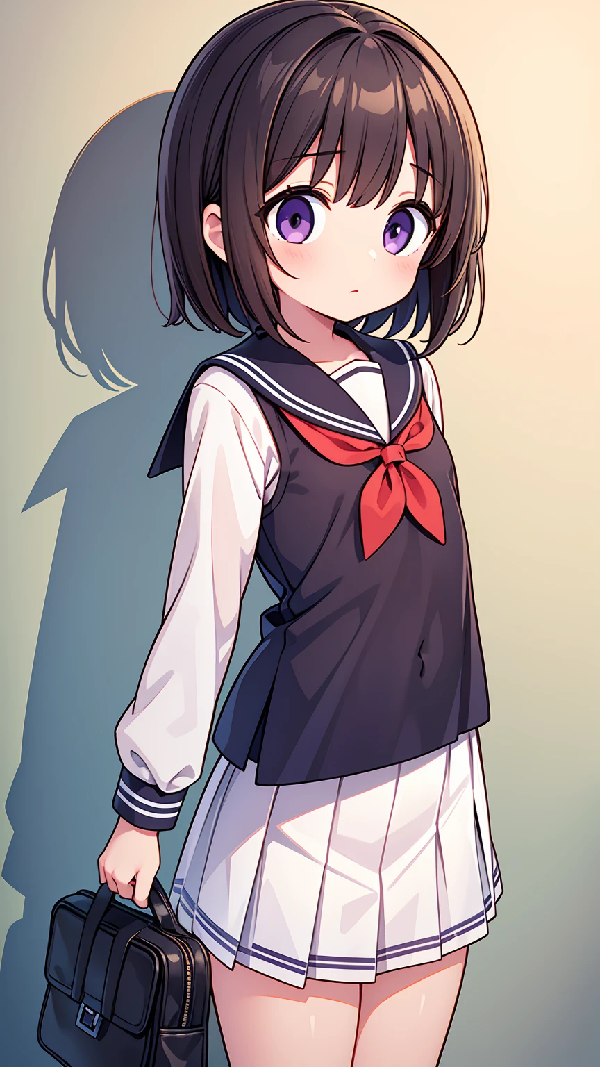 (High quality), (masterpiece), (very detailed), girl, (flat chest:1.6), short brown hair, purple eyes, shy face, primary school girl, white blouse, black skirt with pleats, (loli), showing her thighs, on the school yard, sunny, school girl, (sailor uniform), confessing his love towards the viewer, spectator looked under her, adorable eyes, (school uniform)