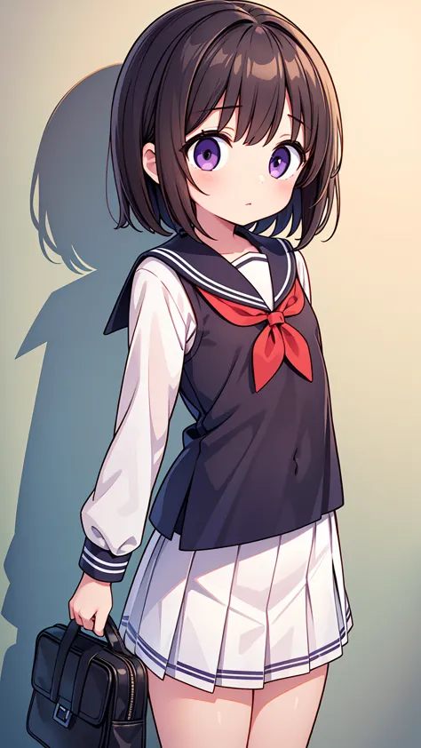 (High quality), (masterpiece), (very detailed), girl, (flat chest:1.6), short brown hair, purple eyes, shy face, primary school ...