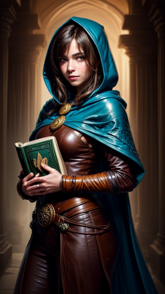 Speed painting of portrait of a fantasy female brunette human adventurer, with a blue hood, in a temple, D&D character, holding a very large leather bound magical book with butterfly on the book cover, slight smile on face.