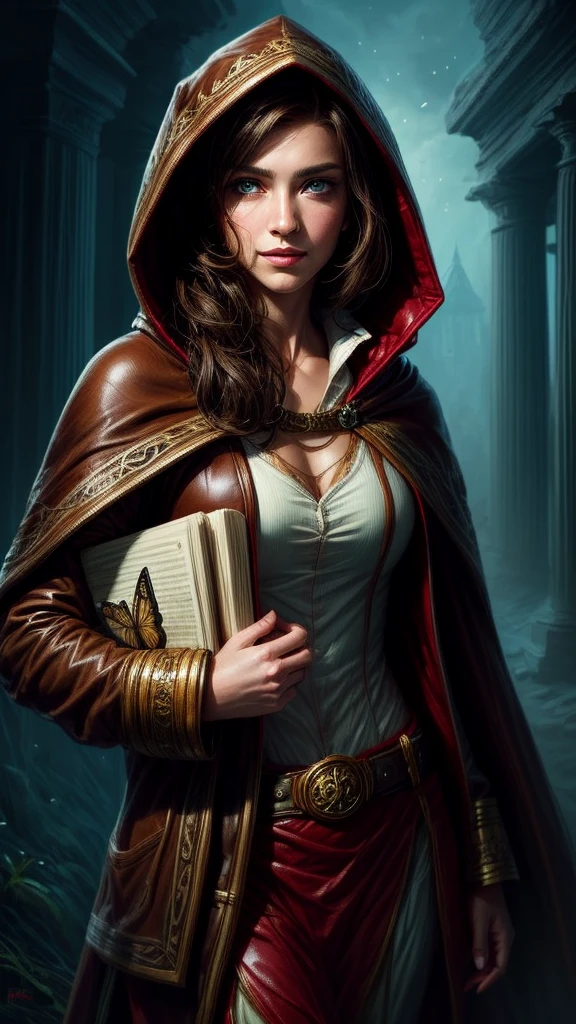 Speed painting of portrait of a fantasy female brunette human adventurer, with a blue hood, in a temple, D&D character, holding a very large leather bound magical book with butterfly on the book cover, slight smile on face.