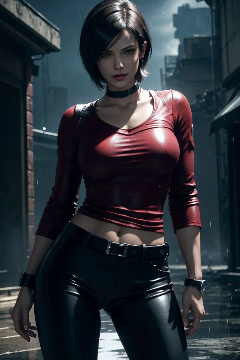 Resident Evil 6,Ada,Short Hair,Red Shirt,Black Leather Pants,Photorealistic,Ultra HD,high quality,masterpiece,Digital SLR,Detailed details,Intricate details,Anatomical basis,Depicted in detail,A detailed face,Realistic skin texture,Vivid details,Perfect Anatomy,Perfect Anatomy,Anatomically correct hand,Anatomically correct fingers,Super Detail,Complex 3D rendering,Sexy pose,Beautiful morning glory(flower),Rainy Sky,Beautiful scenery,Fantastic rainy sky,Picturesque,Pink Lips,smile,Fantastic butterflies々,