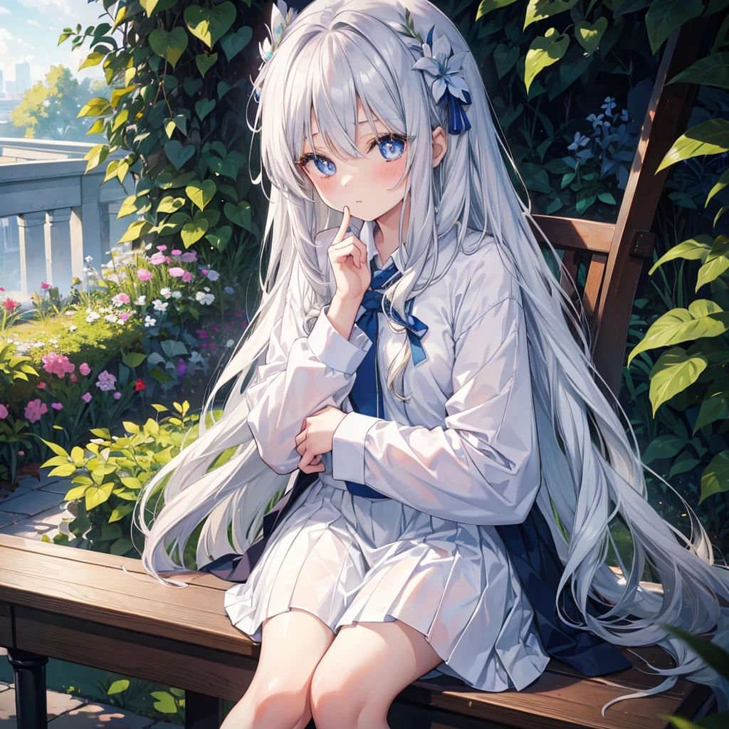 1girl, long silver hair, blue pupils,Faced like a 17-year-old woman,  school clothes With white shirt, cute, Sitting on a garden long chair 