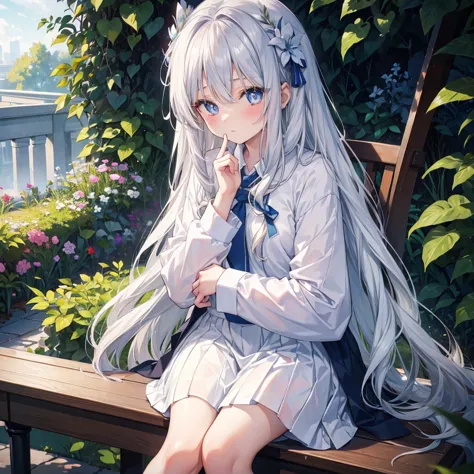 1girl, long silver hair, blue pupils,faced like a 17-year-old woman,  school clothes with white shirt, cute, sitting on a garden...