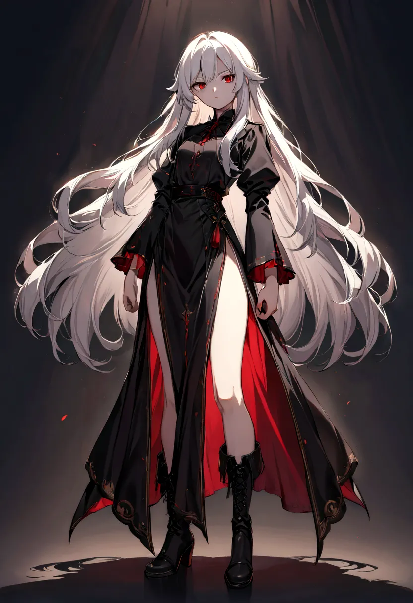 girl, 20 years old, with long white hair down to below her waist, a serious yet tender expression, and red eyes. her hair featur...