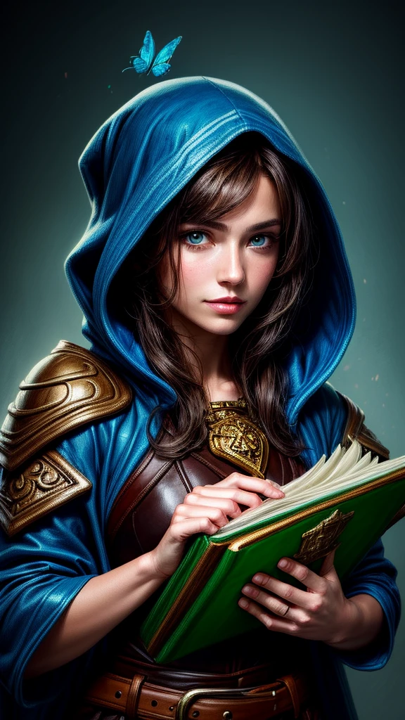 Speed painting of portrait of a fantasy female brunette human adventurer, with a blue hood, in a temple, D&D character, holding a very large leather bound magical book with butterfly on the book cover, slight smile on face.