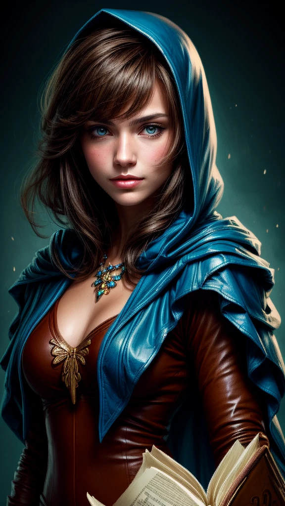 Speed painting of portrait of a fantasy female brunette human adventurer, with a blue hood, in a temple, D&D character, holding a very large leather bound magical book with butterfly on the book cover, slight smile on face.