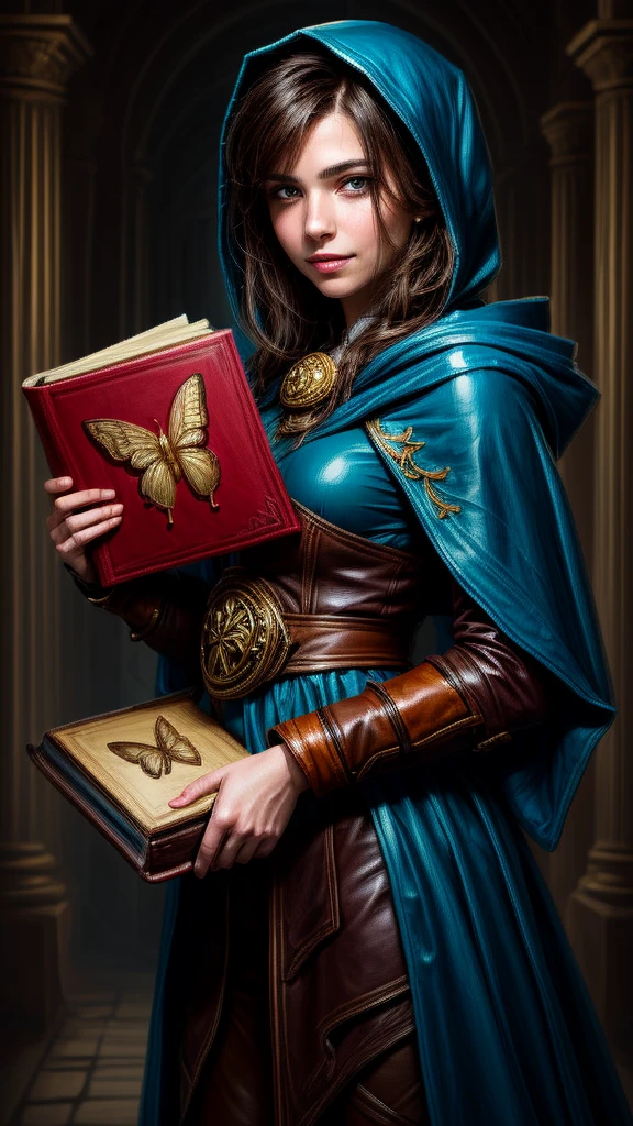 Speed painting of portrait of a fantasy female brunette human adventurer, with a blue hood, in a temple, D&D character, holding a very large leather bound magical book with butterfly on the book cover, slight smile on face.