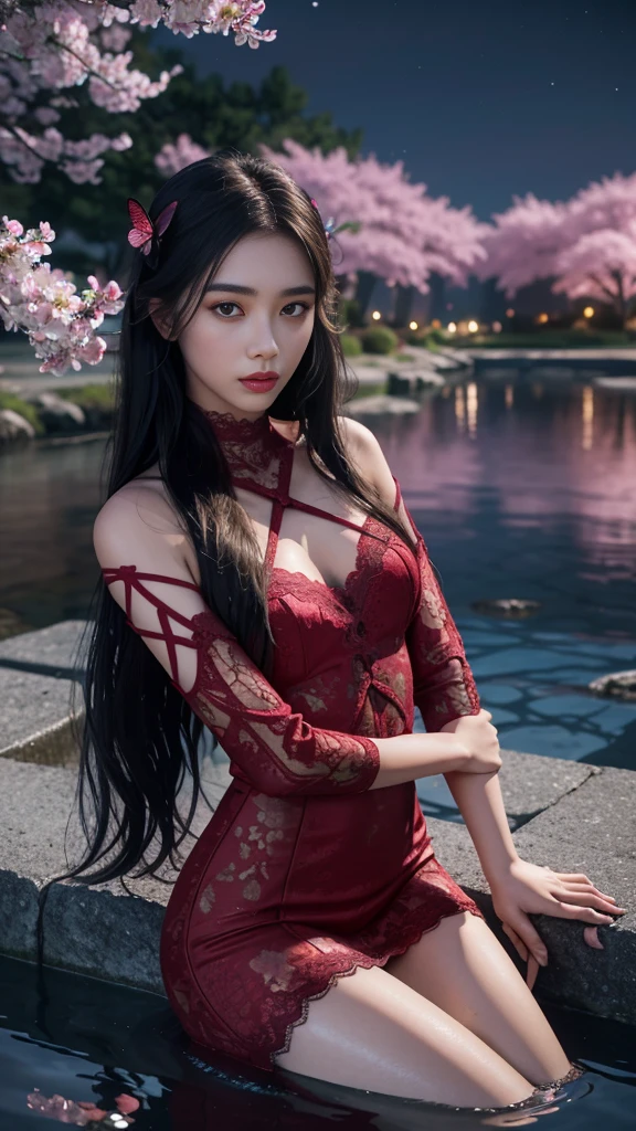 8K, ultra hd, masterpiece, 1 girl, ((18 years old girl)), good face, very long hair, detailed eyes, detailed lips, small breasts, detailed clothing, red clothing, ((criss-cross lace)), sardine, ornament, jewellery, antique jewellery, loops, straps, dim lighting, epic scenery, ((night scenery:1.5)), ((Realistic moon)), cherry blossom, beautiful, rain, flowers, butterfly, water reflection, RTX 4090, (unreal engine 5), ray tracing, bloom effect, front body, sitting, 