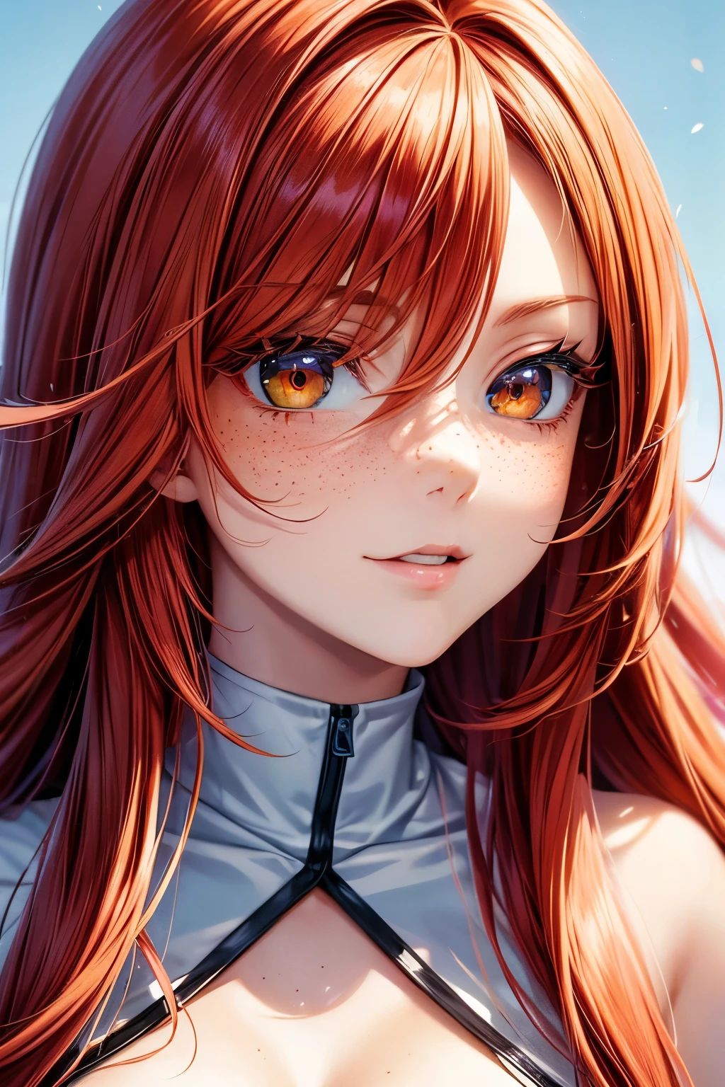 masterpiece, best quality, {best quality}, {{masterpiece}}, {highres}, focus, anime style, a closeup of a cartoon of a woman, girl design, portrait, giesha, anime image, long hair, red hair, redhead, straight eyes, polished and powerful look, exotic, tall, freckles, cheerful, casual chic clothing, colorful, colors  