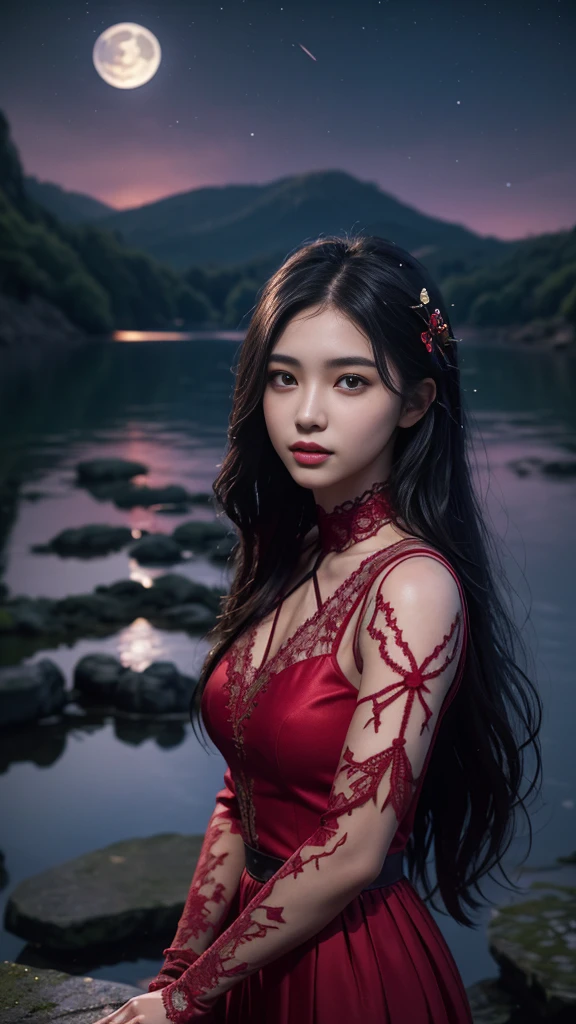 8K, ultra hd, masterpiece, 1 girl, ((18 years old girl)), good face, very long hair, detailed eyes, detailed lips, small breasts, detailed clothing, red clothing, ((criss-cross lace)), sardine, ornament, jewellery, antique jewellery, loops, straps, dim lighting, epic scenery, ((night scenery:1.5)), ((Realistic moon)), cherry blossom, beautiful, rain, flowers, butterfly, water reflection, RTX 4090, (unreal engine 5), ray tracing, bloom effect, front body,