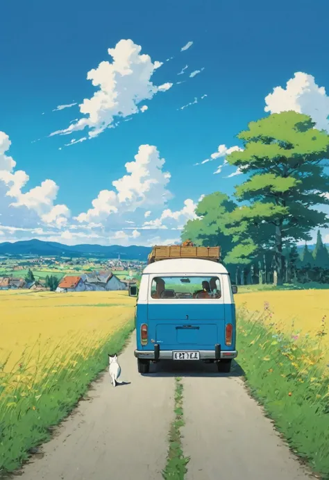 (Minimalismo: 1.4), minibus on the road, German van, Ghibli studio art, Miyazaki, meadow with blue sky and white clouds, back vi...