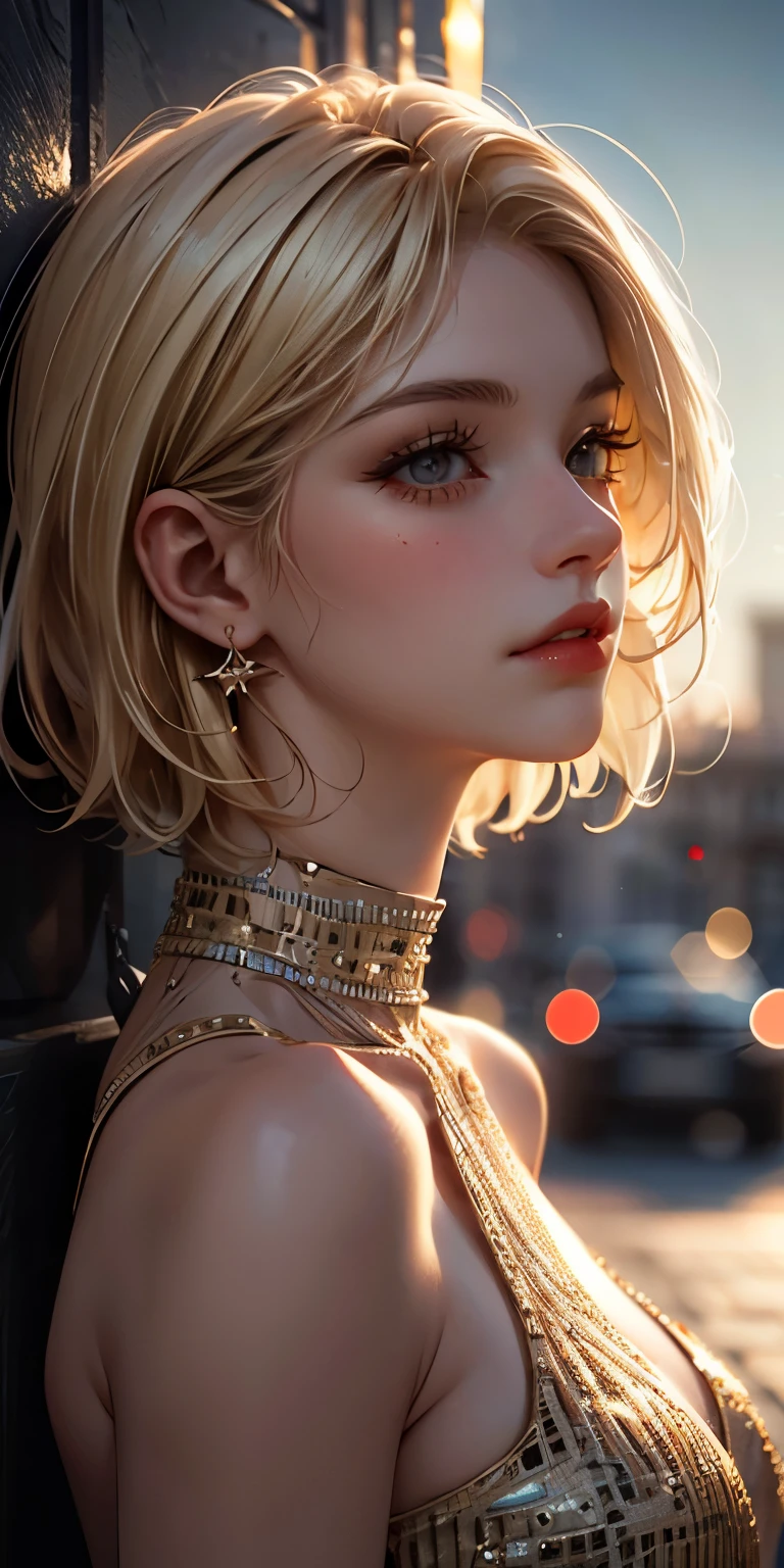 a young 1 woman looking up at the Arc de Triomphe in Paris, France, wearing a tight beige dress with blonde short bob hair, highly detailed portrait of the Arc de Triomphe, deep depth and height, realistic, photorealistic, masterpiece, high quality, 8k, ultra-detailed, extremely detailed face, beautiful detailed eyes, beautiful detailed lips, long eyelashes, highly detailed dress texture, intricate architectural details, sunlight, warm lighting, dramatic shadows, cinematic composition, elegant, graceful pose, atmospheric, cinematic