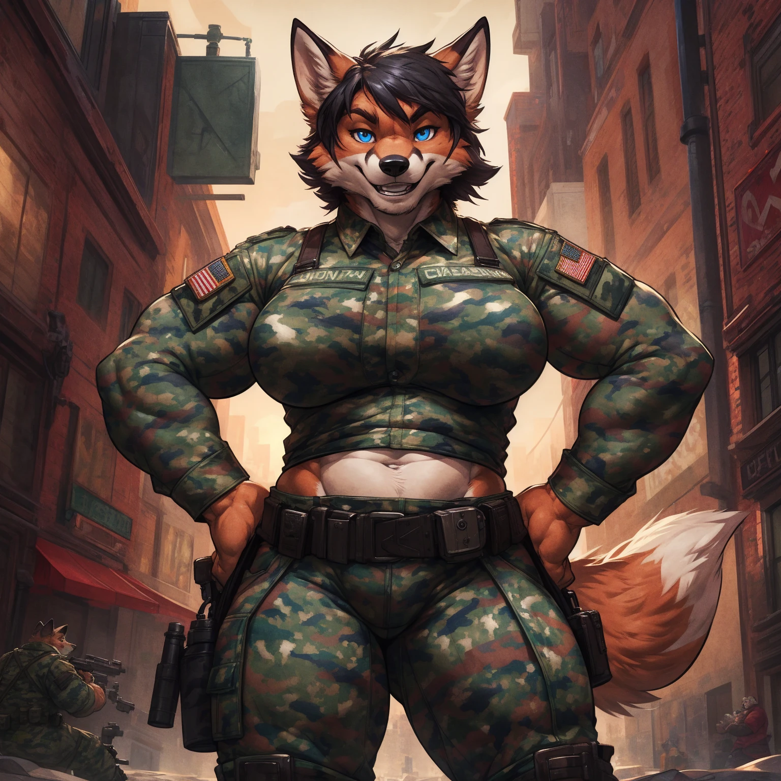 solo, 1girl, red fox, vixen, female, broad shoulders, stocky build, buff, muscular, large breasts, nipple outline, short hair, black hair, blue eyes, highly detailed eyes, Amazon, powerful figure, dressed in military fatigues, (urban camouflage pattern:1.6), sleeves rolled up, hands on hips, combat boots, pleasant smile, looking at viewer, by darkgem, by wfa,