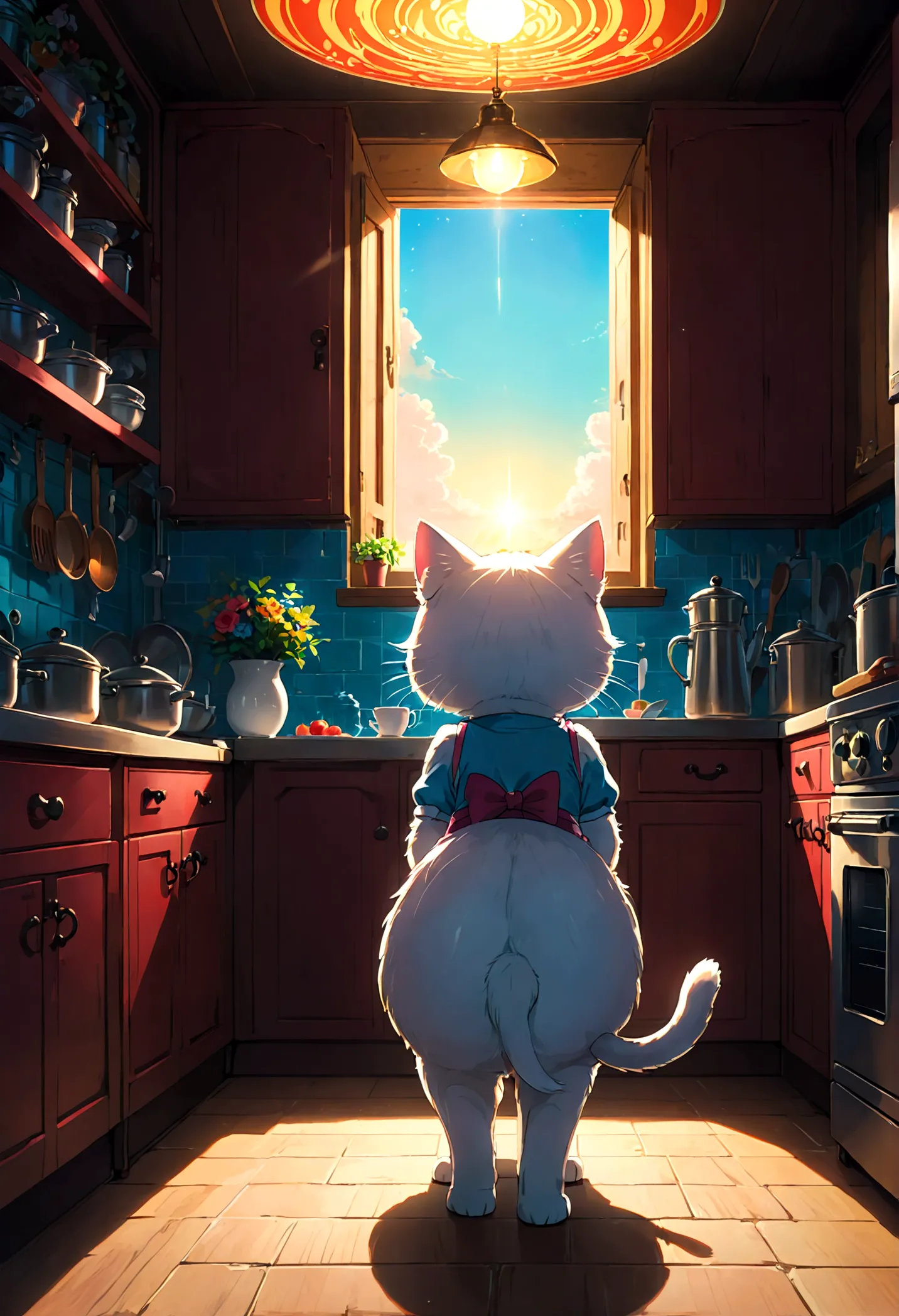Hello Kitty cat, cute, (Back View:1.4), indoor, kitchen, anime screenshot, source_anime, dramatic composition, cinematic dynamic...
