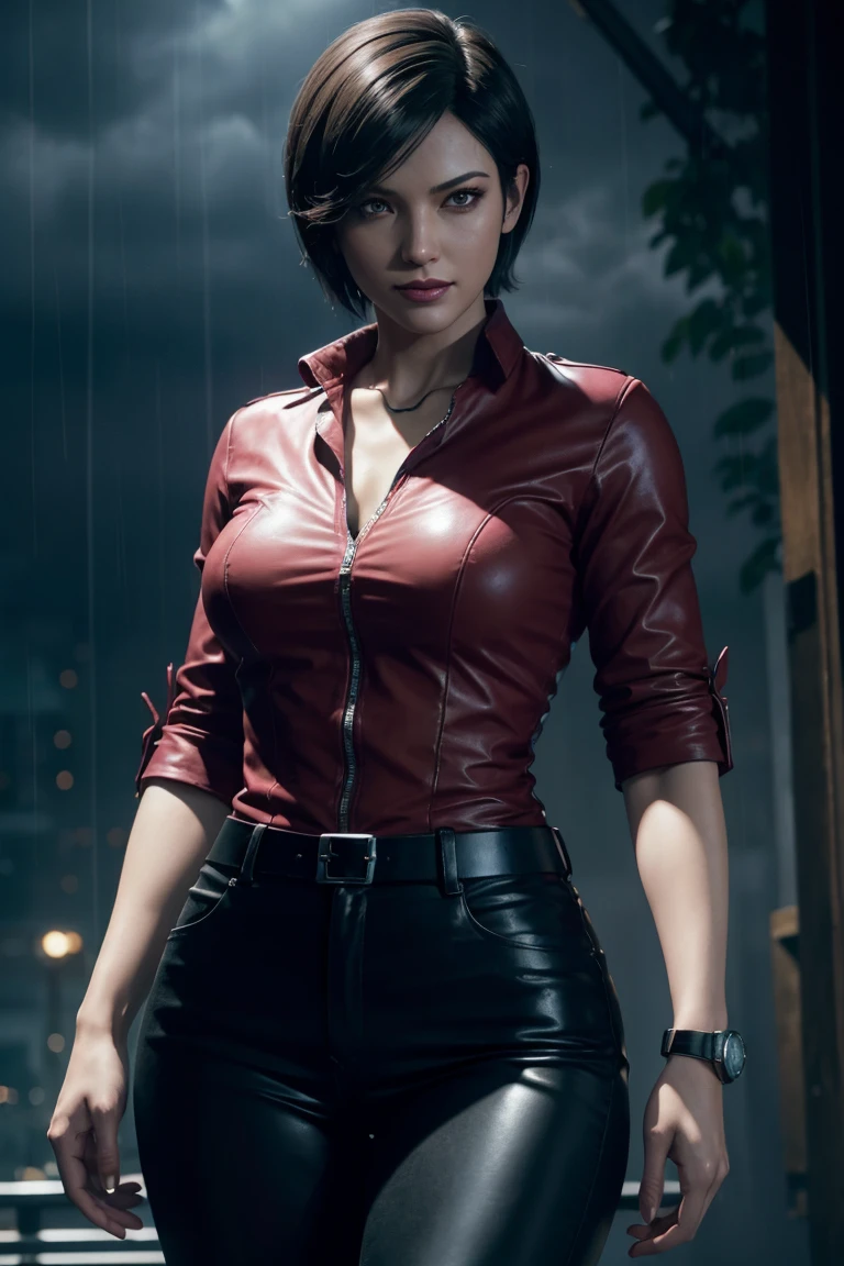 Resident Evil 6,Es gibt,Kurzes Haar,rotes Shirt,Stehen Sie Ihren Kragen,schwarze Lederhose,fotorealistisch,Ultra HD,gute Qualität,Meisterwerk,Digital SLR,Detaillierte Details,komplizierte Details,Anatomische Grundlagen,Im Detail dargestellt,Ein detailliertes Gesicht,realistische Hautstruktur,lebendige Details,Perfekte Anatomie,Perfekte Anatomie,Anatomisch korrekte Hand,Anatomisch korrekte Finger,Super Detail,Komplexes 3D-Rendering,sexy Pose,Wunderschöne Prunkwinde(Blume),regnerischer Himmel,schöne Landschaft,Fantastischer regnerischer Himmel,malerisch,pinke Lippen,lächeln,Fantastische Schmetterlinge々,