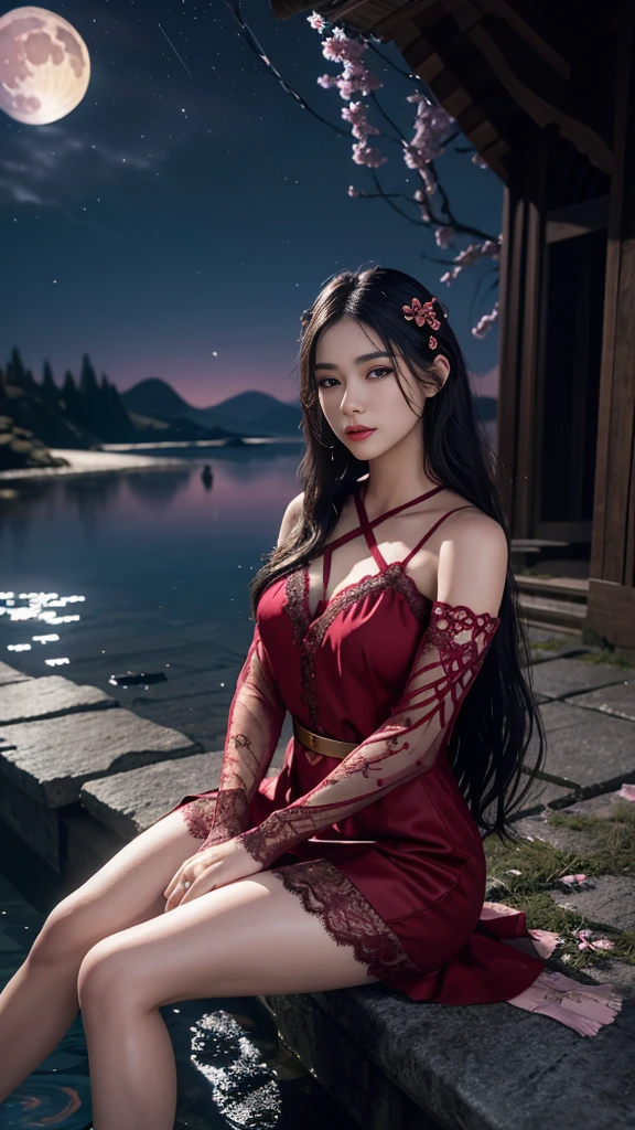 8K, ultra hd, masterpiece, 1 girl, ((18 years old girl)), good face, very long hair, detailed eyes, detailed lips, small breasts, detailed clothing, red clothing, ((criss-cross lace)), sardine, ornament, jewellery, antique jewellery, loops, straps, dim lighting, epic scenery, ((night scenery:1.5)), ((Realistic moon)), cherry blossom, beautiful, rain, flowers, butterfly, water reflection, RTX 4090, (unreal engine 5), ray tracing, bloom effect, front body, sitting, 