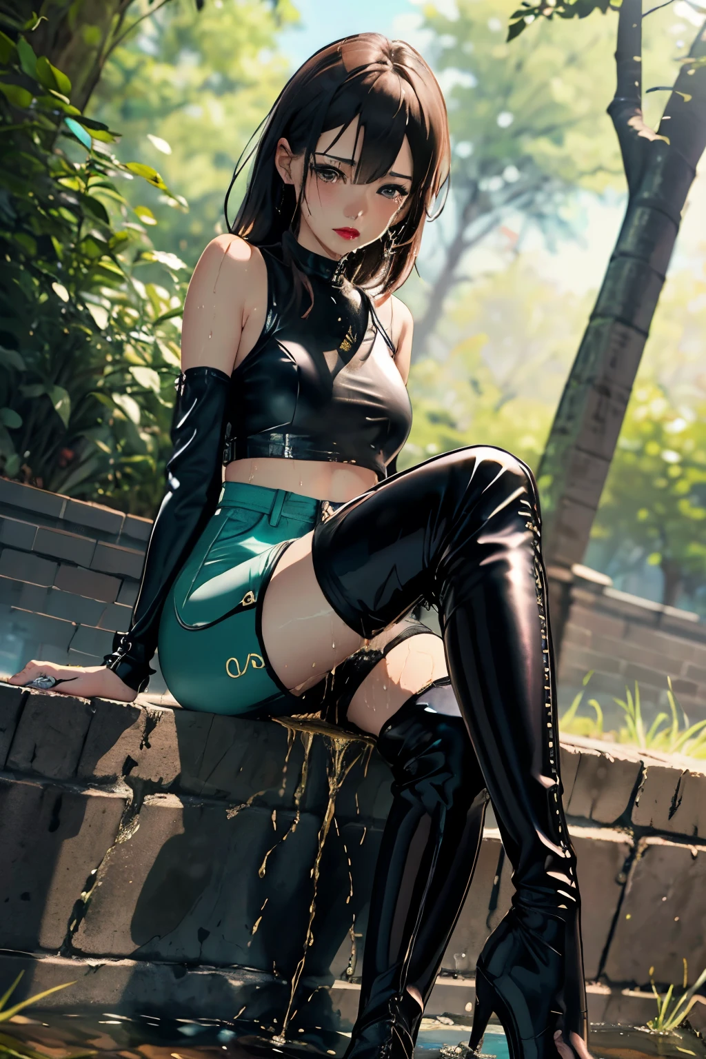 anime, best quality, high quality, highres, beautiful women, high detail, good lighting, lewd, hentai, (no nudity), ((((bike shorts)))), ((tight leather top)), ((((leather thigh high boots)))), bare midriff, (wet shorts), (((wetting herself))), (((peeing herself))), (((peeing self))), (pee streaming down legs), peeing stain, (puddle), (thick thighs), nice long legs, lipstick, detailed face, pretty face, pretty hands, embarrassed blushing face, humiliated, (((outdoors))), (((sitting legs crossed))), hihelz