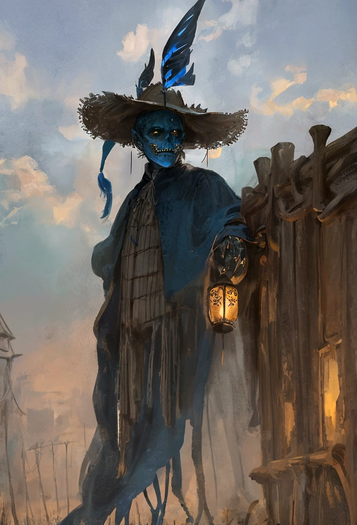 (extremely detailed 8k wallpaper), a medium shot photo of a faceless scary scarecrow dressed as a gentleman well illustrated blue scarecrow,  glowing intricate, high detail, dramatic, dry corn field in the background