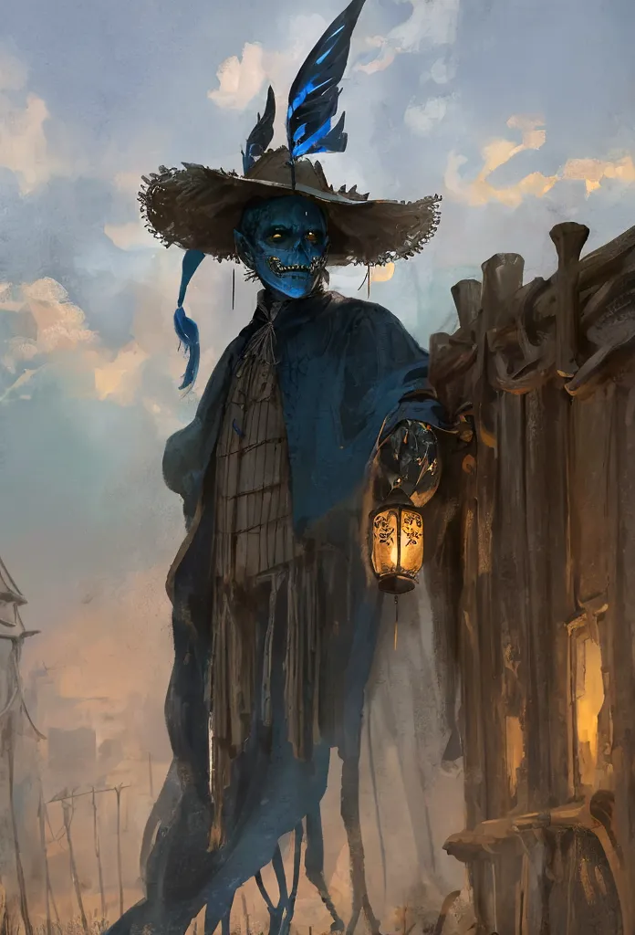 (extremely detailed 8k wallpaper), a medium shot photo of a faceless scary scarecrow dressed as a gentleman well illustrated blu...