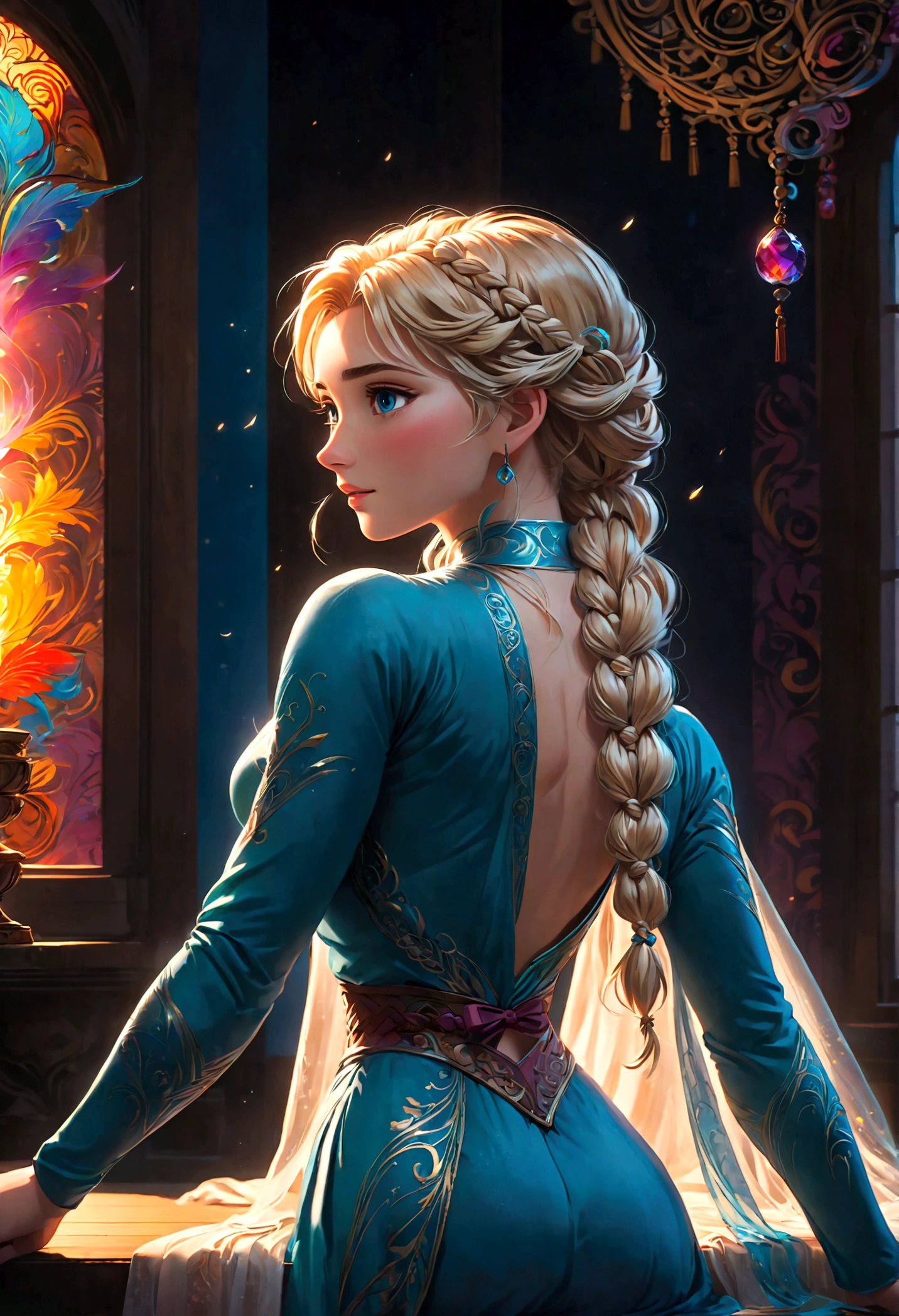 score_9, score_8_up, score_7_up, score_6_up, 1girl, Elsa \(frozen\) sit by frozen lake, (single braid), (White Dress), casting, spell, ice, snow, magic_circle, upper body, long hair, worm light, solo, disney, (Back View, from behind:1.4), anime screenshot, source_anime, dramatic composition, cinematic dynamic action scene, vibrant colors, cinematic lighting, dramatic lighting, best quality, masterpiece, very aesthetic, perfect composition, intricate details, ultra-detailed