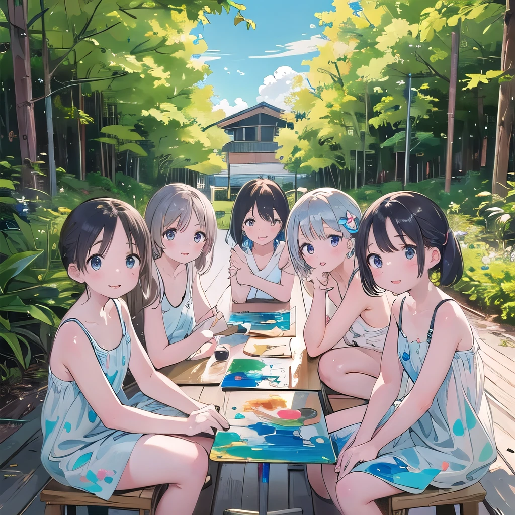 、かわいい女の子、裸の絵画、幸せな笑顔、美しい背景, 4人の少女