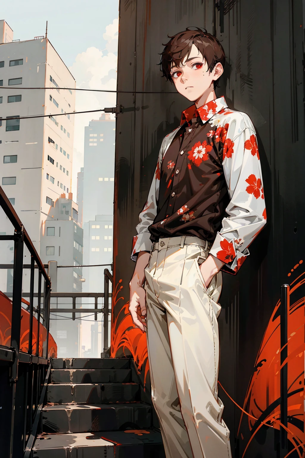 1male, buzzcut, brown hair, red eyes, expressionless, black shirt, white pants, red floral open shirt, city background, detailed background, hands to side, standing on path