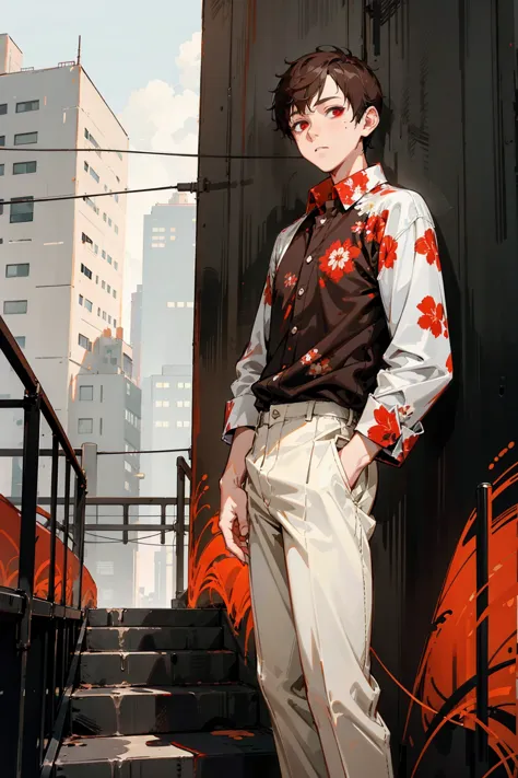 1male, buzzcut, brown hair, red eyes, expressionless, black shirt, white pants, red floral open shirt, city background, detailed...