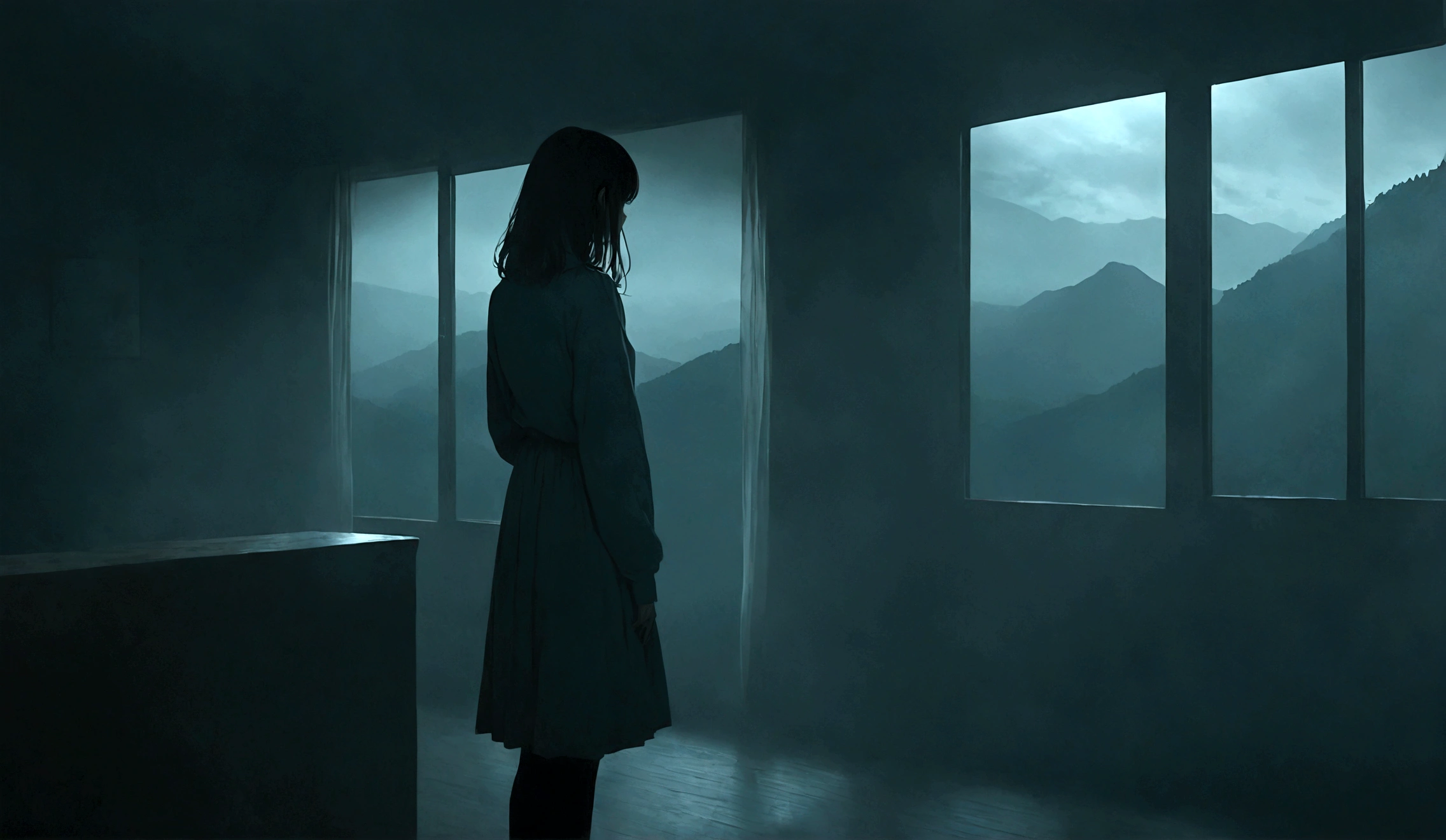 Create an illustration featuring a girl seen from the back as she looks out of a window. The style should match the reference image provided, capturing the same level of detail, color palette, and atmospheric lighting. The scene should be set in a dimly lit room with a somber, eerie ambiance appropriate for a horror story. In the background through the window, include distant mountains shrouded in mist to enhance the sense of foreboding. The girl's posture should convey a sense of unease or anticipation, contributing to the overall mood of suspense. Ensure the colors and shadows are consistent with the reference image, emphasizing the contrast between the dim interior and the slightly illuminated outside view.