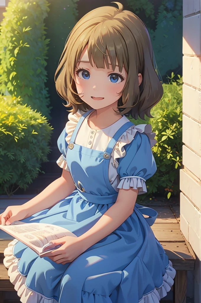 momoko suou (million live), 1 girl, Solo, 11 years old, , , Cute Girl,Best Quality, Ultra-detailed, 8K, High resolution, Alice in Wonderland, Twin tail, sky blue dress, frilled dress, white apron, frilled apron, garden, tea time,
