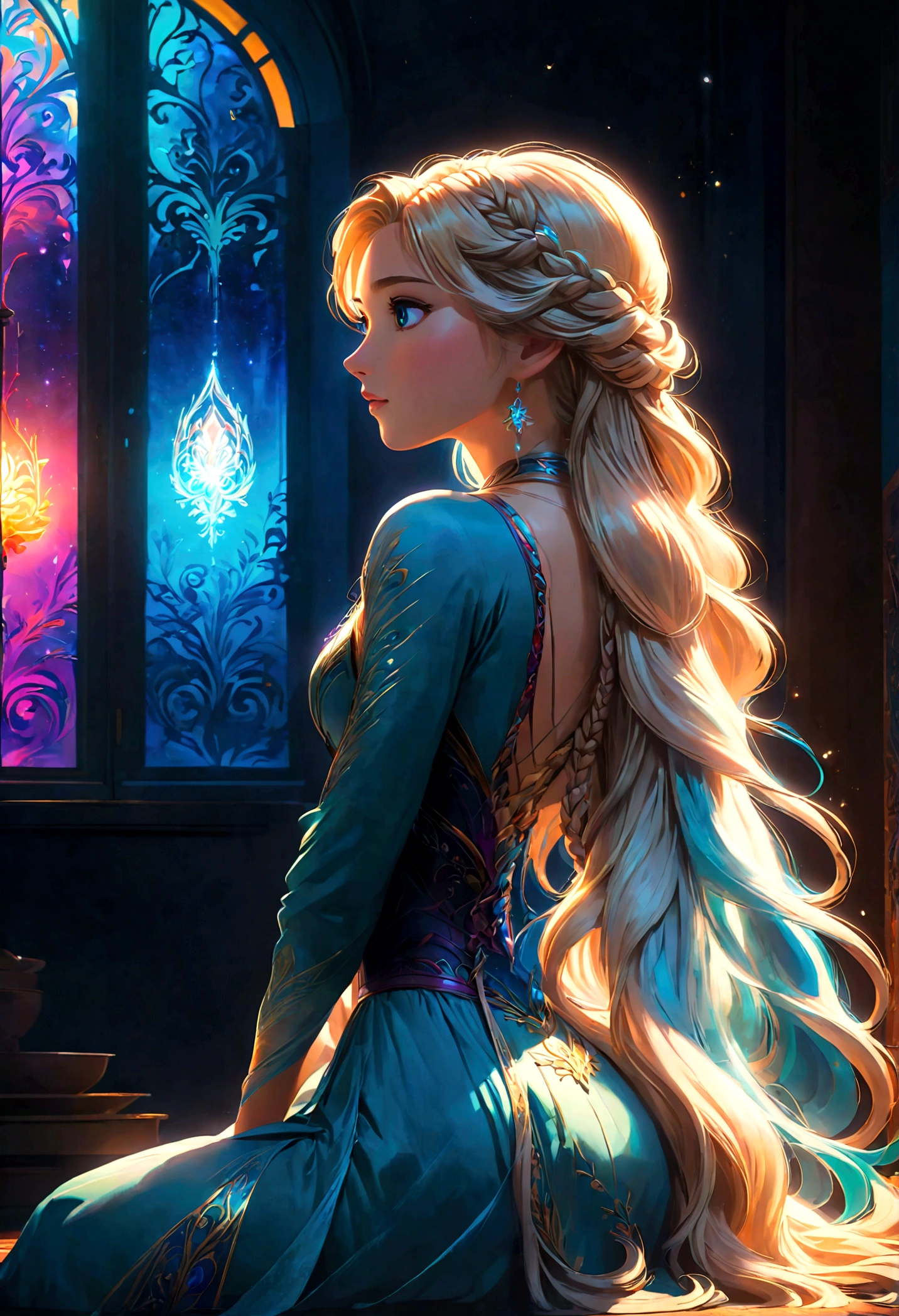 score_9, score_8_up, score_7_up, score_6_up, 1girl, Elsa \(frozen\) sit by frozen lake, (single braid), (White Dress), casting, spell, ice, snow, magic_circle, upper body, long hair, worm light, solo, disney, (Back View, from behind:1.4), anime screenshot, source_anime, dramatic composition, cinematic dynamic action scene, vibrant colors, cinematic lighting, dramatic lighting, best quality, masterpiece, very aesthetic, perfect composition, intricate details, ultra-detailed