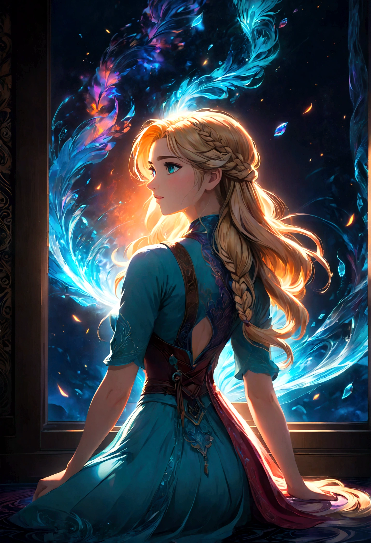 score_9, score_8_up, score_7_up, score_6_up, 1girl, Elsa \(frozen\) sit by frozen lake, (single braid), (White Dress), casting, spell, ice, snow, magic_circle, upper body, long hair, worm light, solo, disney, (Back View, from behind:1.4), anime screenshot, source_anime, dramatic composition, cinematic dynamic action scene, vibrant colors, cinematic lighting, dramatic lighting, best quality, masterpiece, very aesthetic, perfect composition, intricate details, ultra-detailed