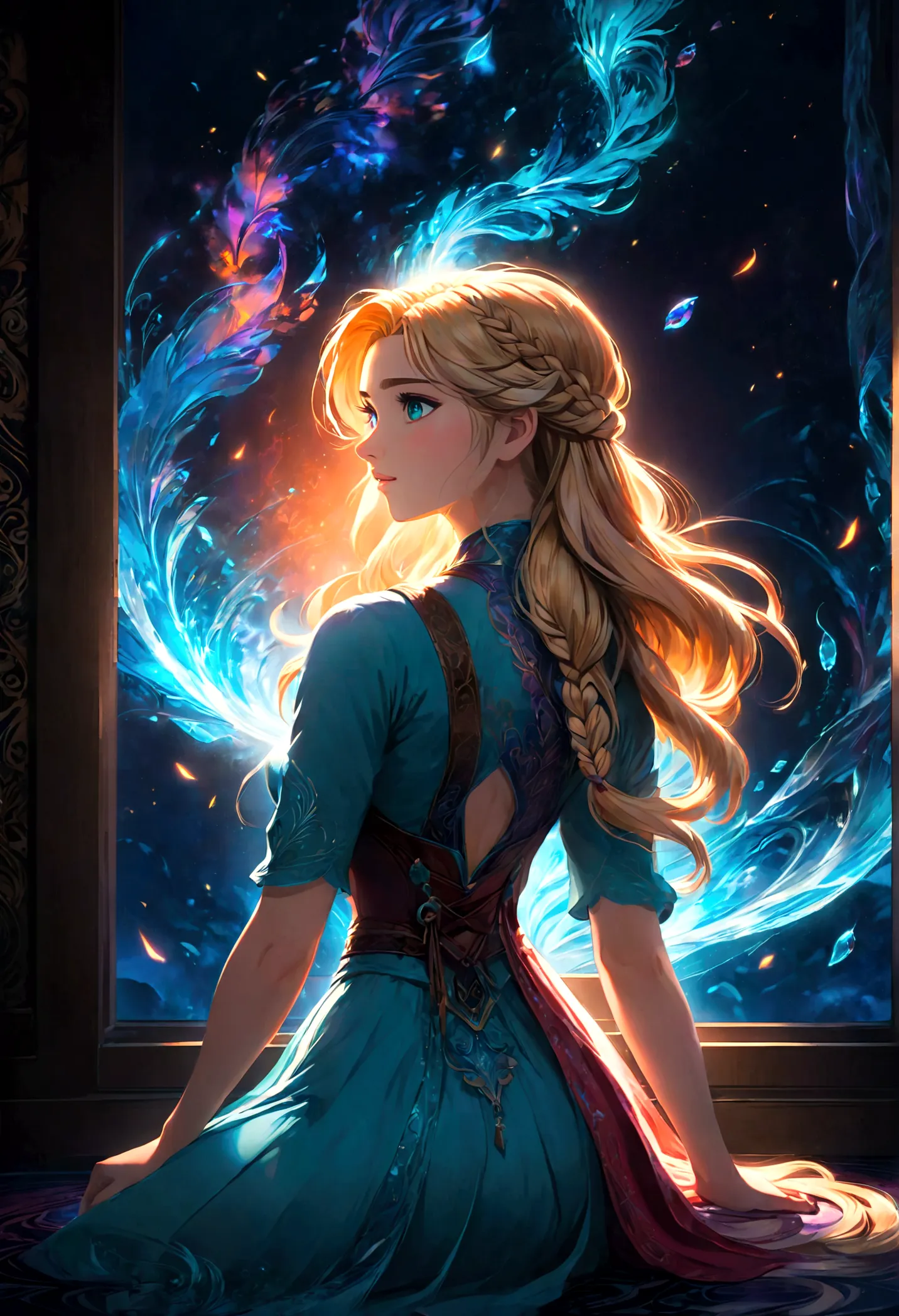 1girl, elsa, braided hair, long hair, (Back View:1.4), indoor, sit by the window, anime screenshot, source_anime, dramatic compo...